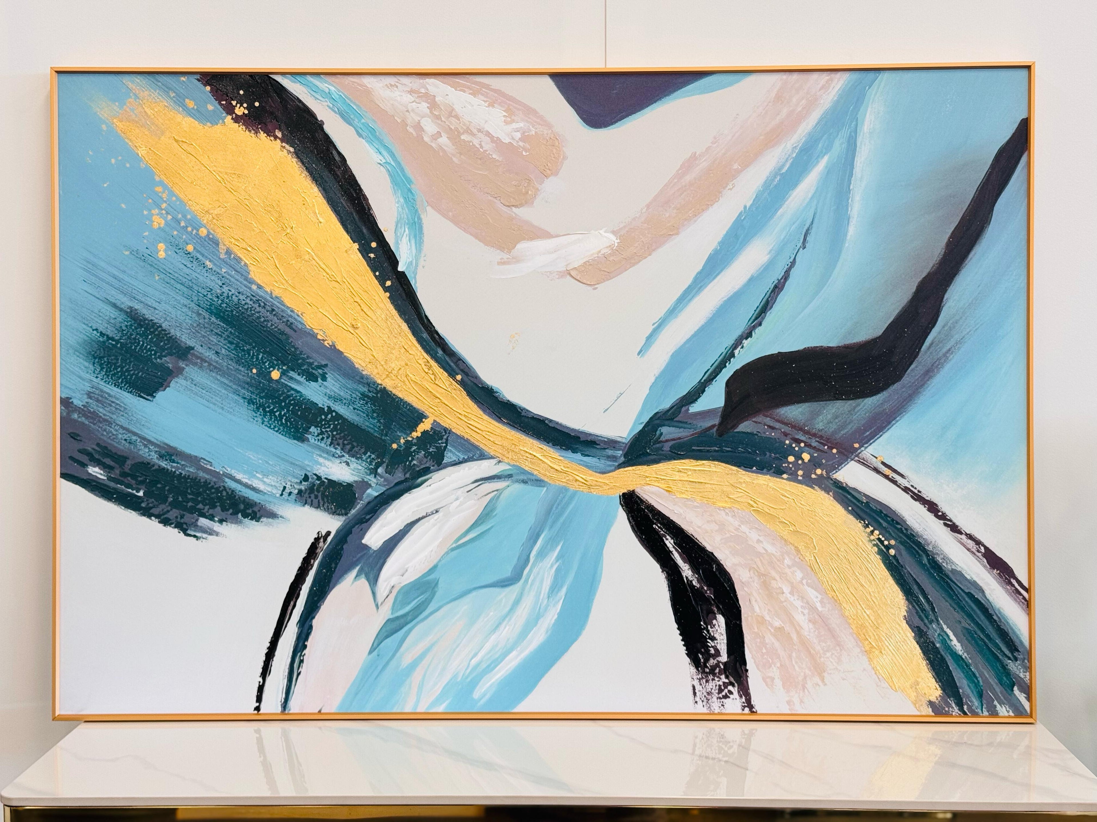 Large Sage canvas wall art framed in gold, adding modern elegance to living spaces.