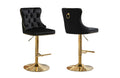 Black velvet Sahara tufted bar stool with gold stand, swivel base and ring handle