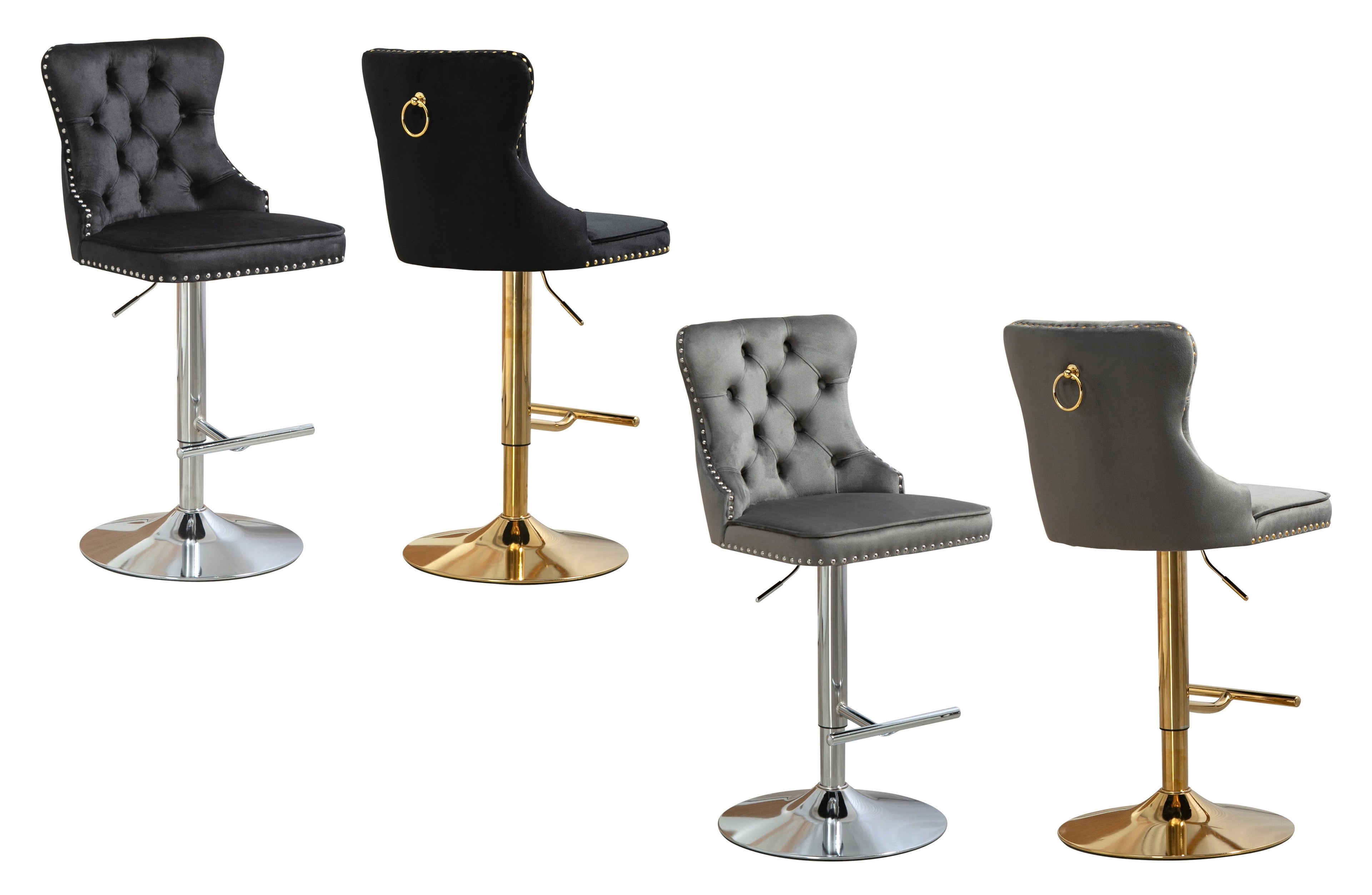 Set of 2 Sahara tufted velvet adjustable swivel bar stools with gold and silver stands, black and grey options