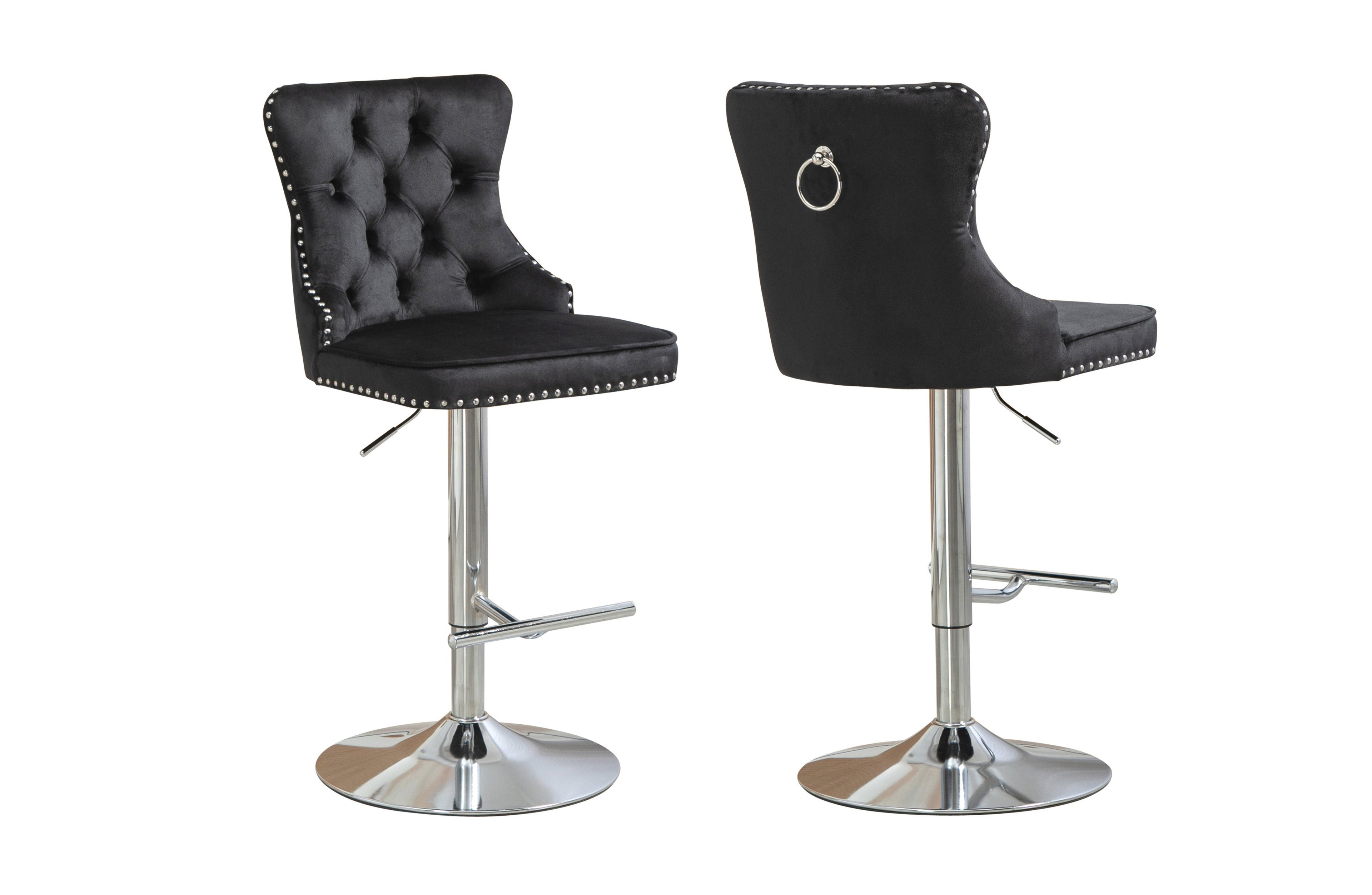 Black velvet Sahara tufted bar stool with silver stand, swivel adjustable height and footrest