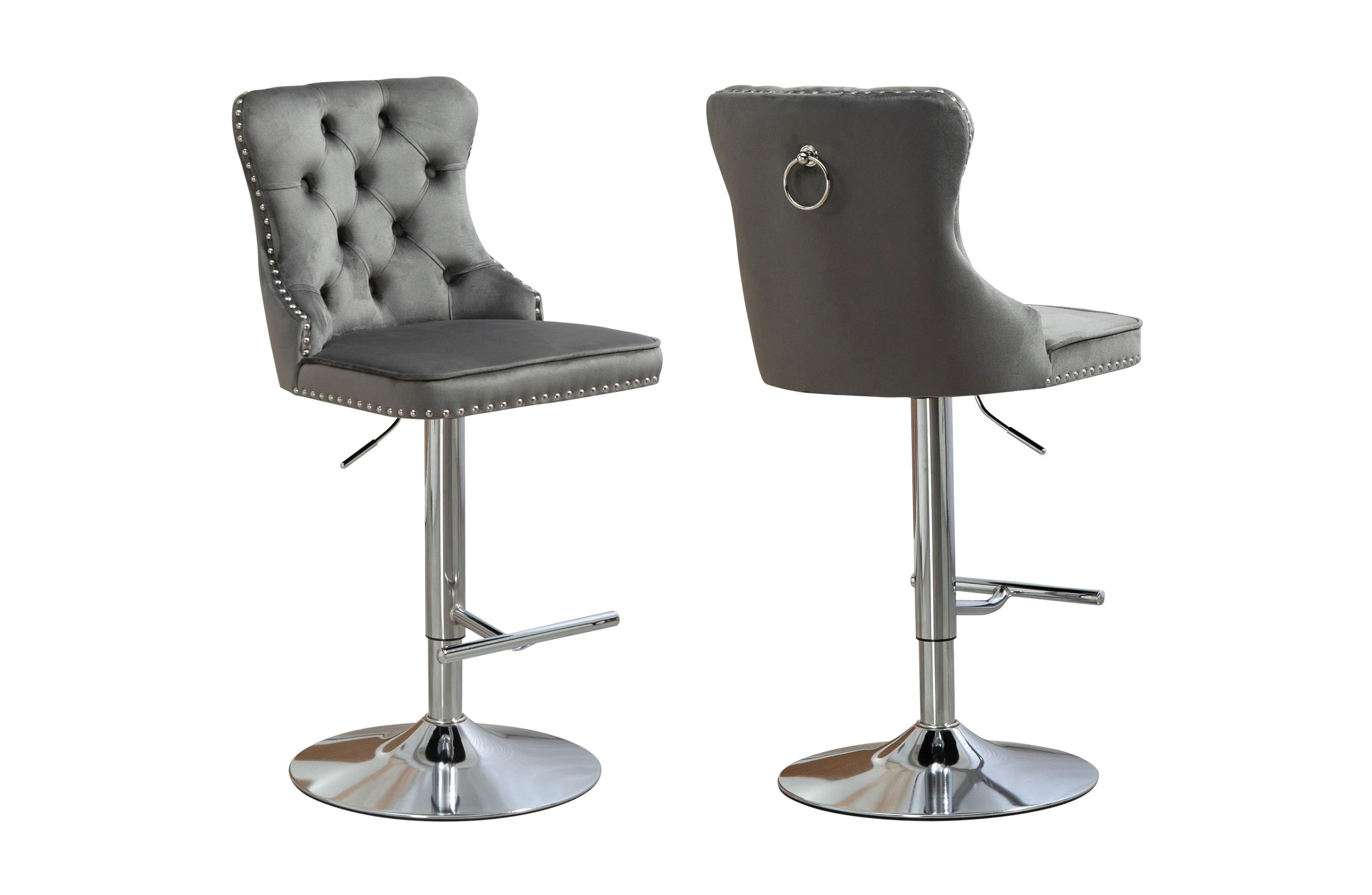 Grey velvet Sahara tufted bar stool with silver stand, swivel adjustable height and stud trim