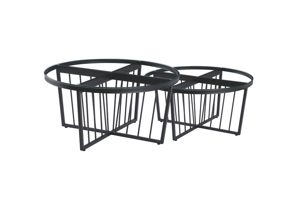 Serena coffee table in matte black frame with clear tempered glass top, sleek sophistication.
