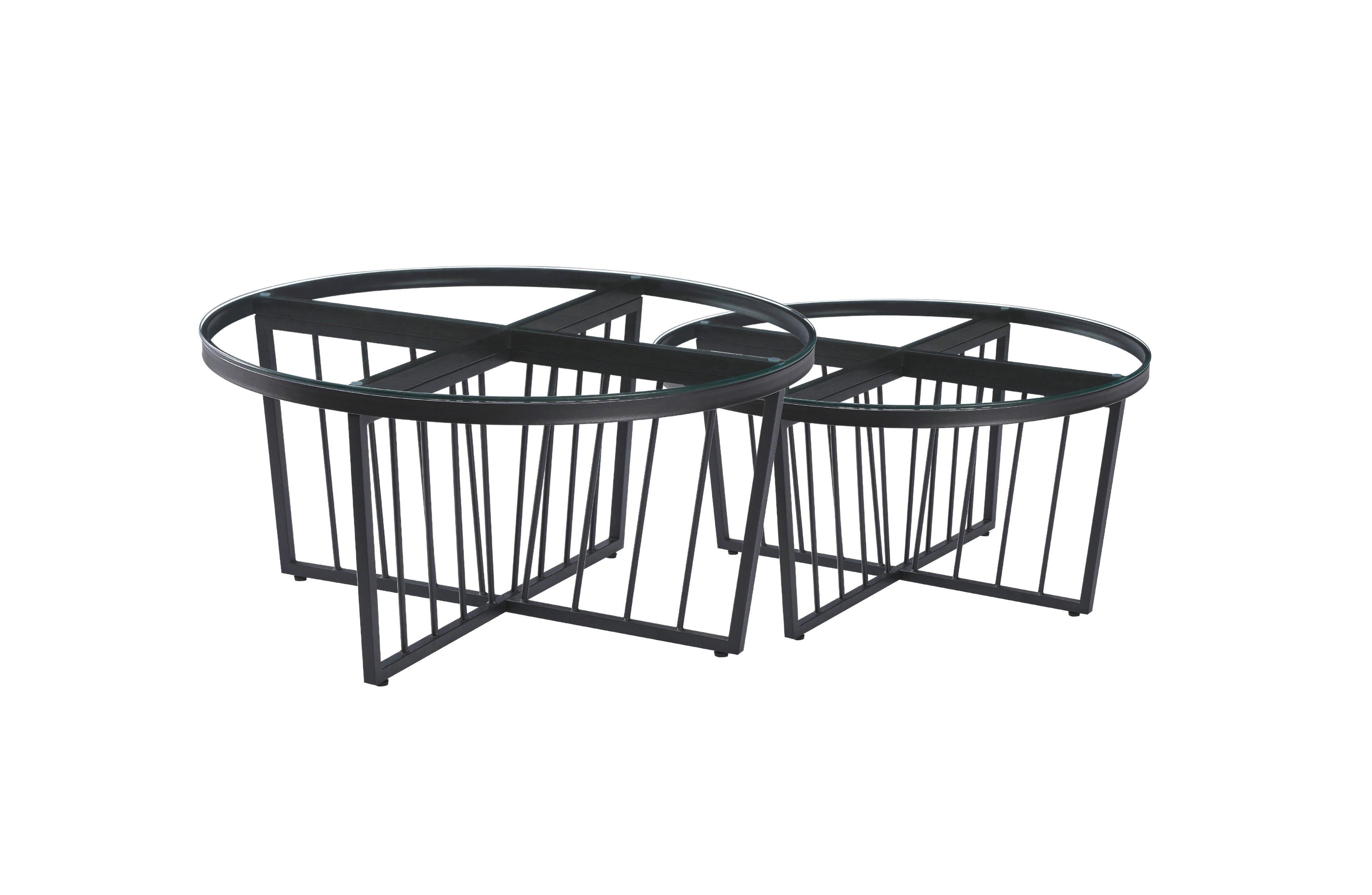 Serena coffee table in matte black frame with clear tempered glass top, sleek sophistication.