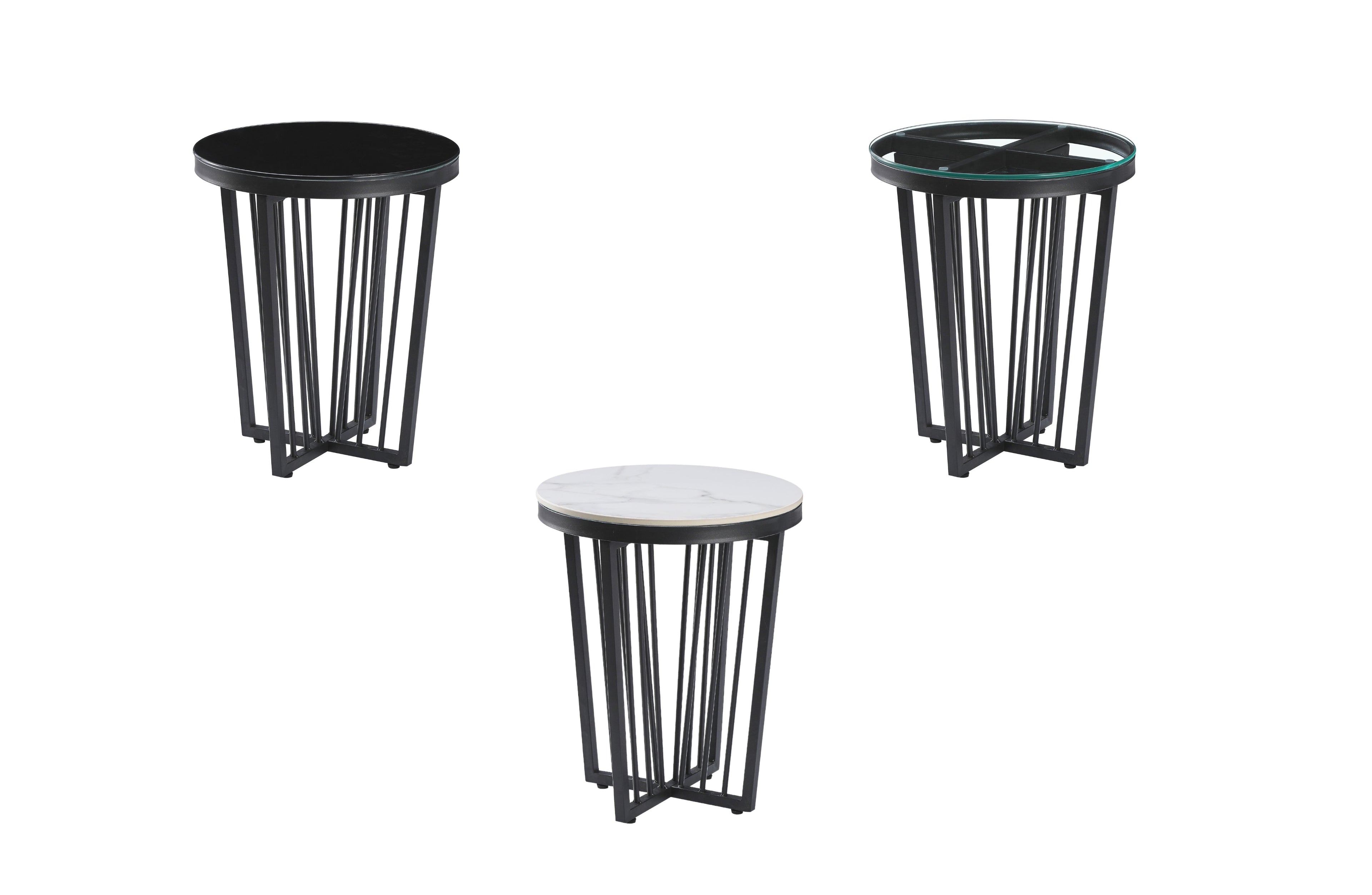 Serena black frame side tables with black glass, clear glass, and marble sintered stone tops.