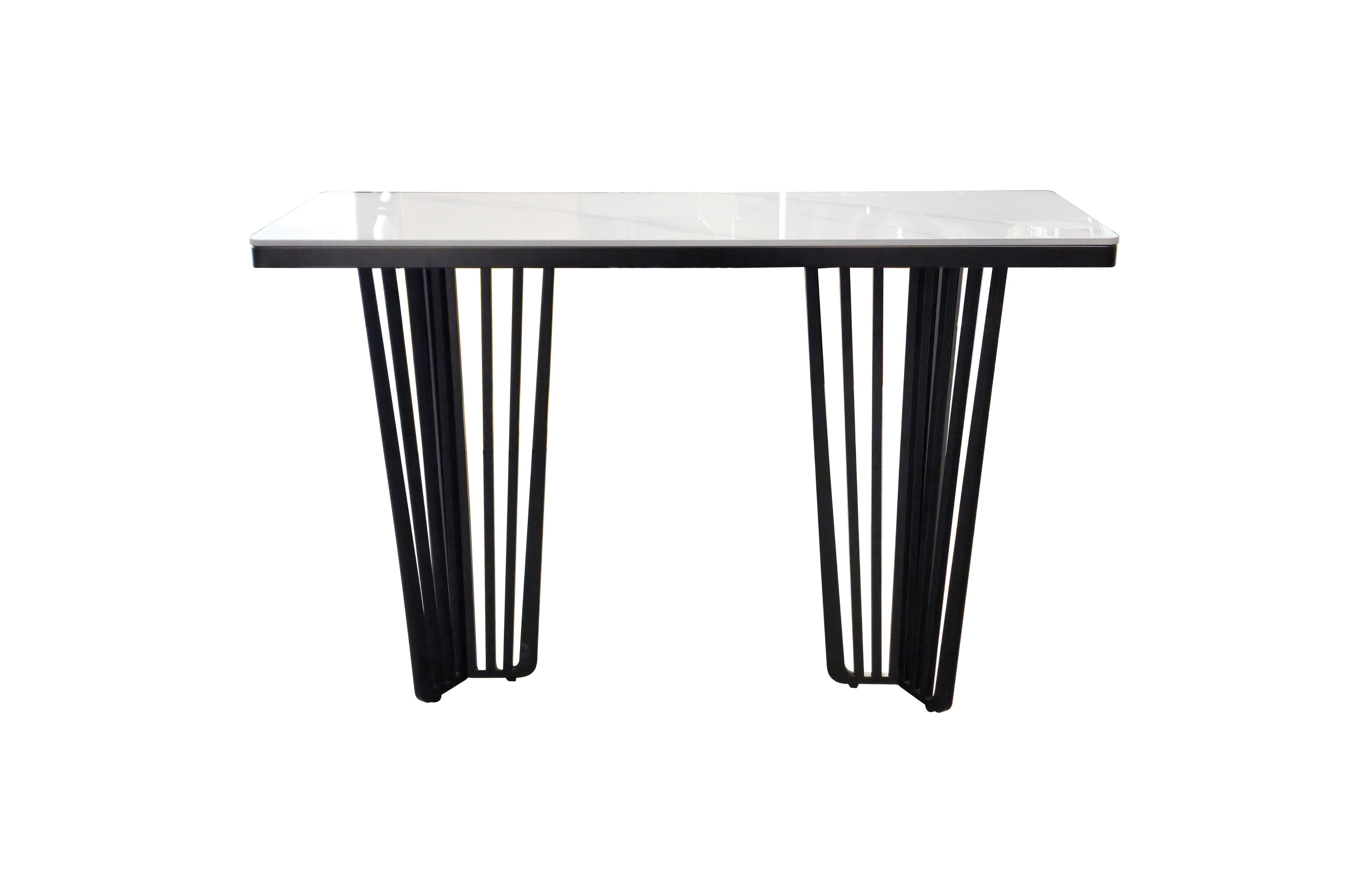Serena console table with black metal frame and white marble top.