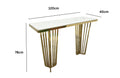 Serena console table with polished gold frame and white marble top.