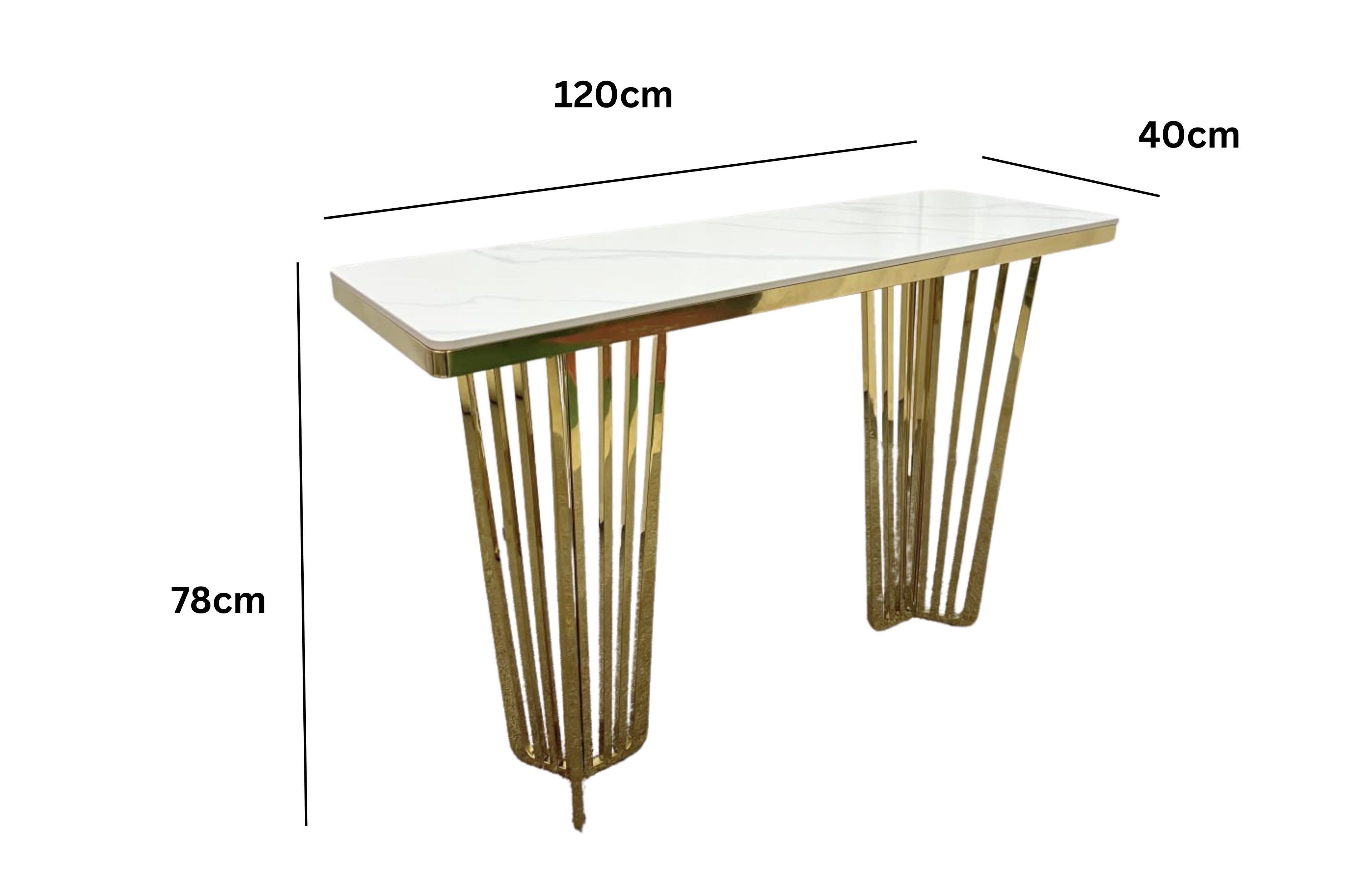 Serena console table with polished gold frame and white marble top.