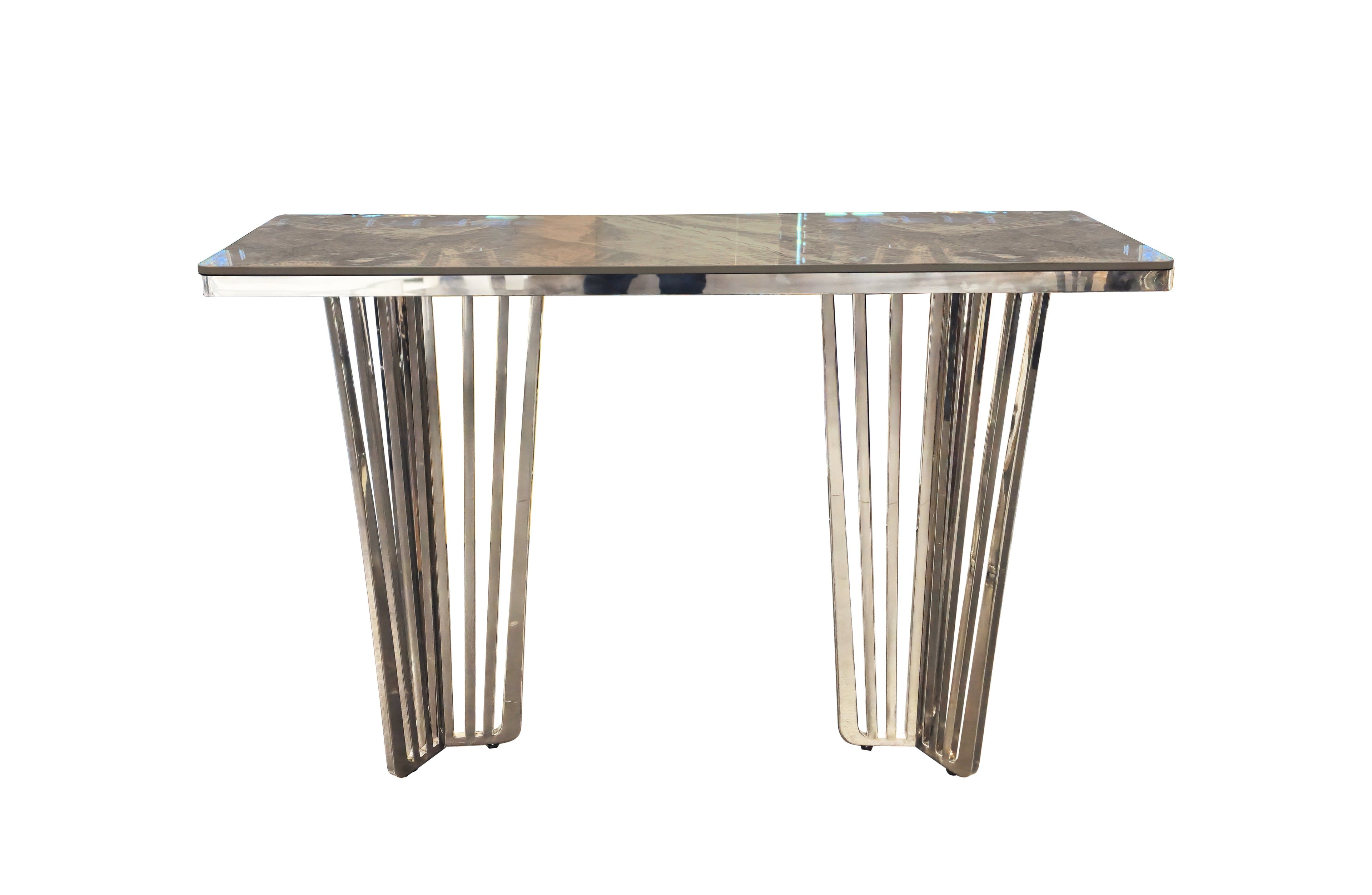 Serena console table with polished silver frame and grey marble top.