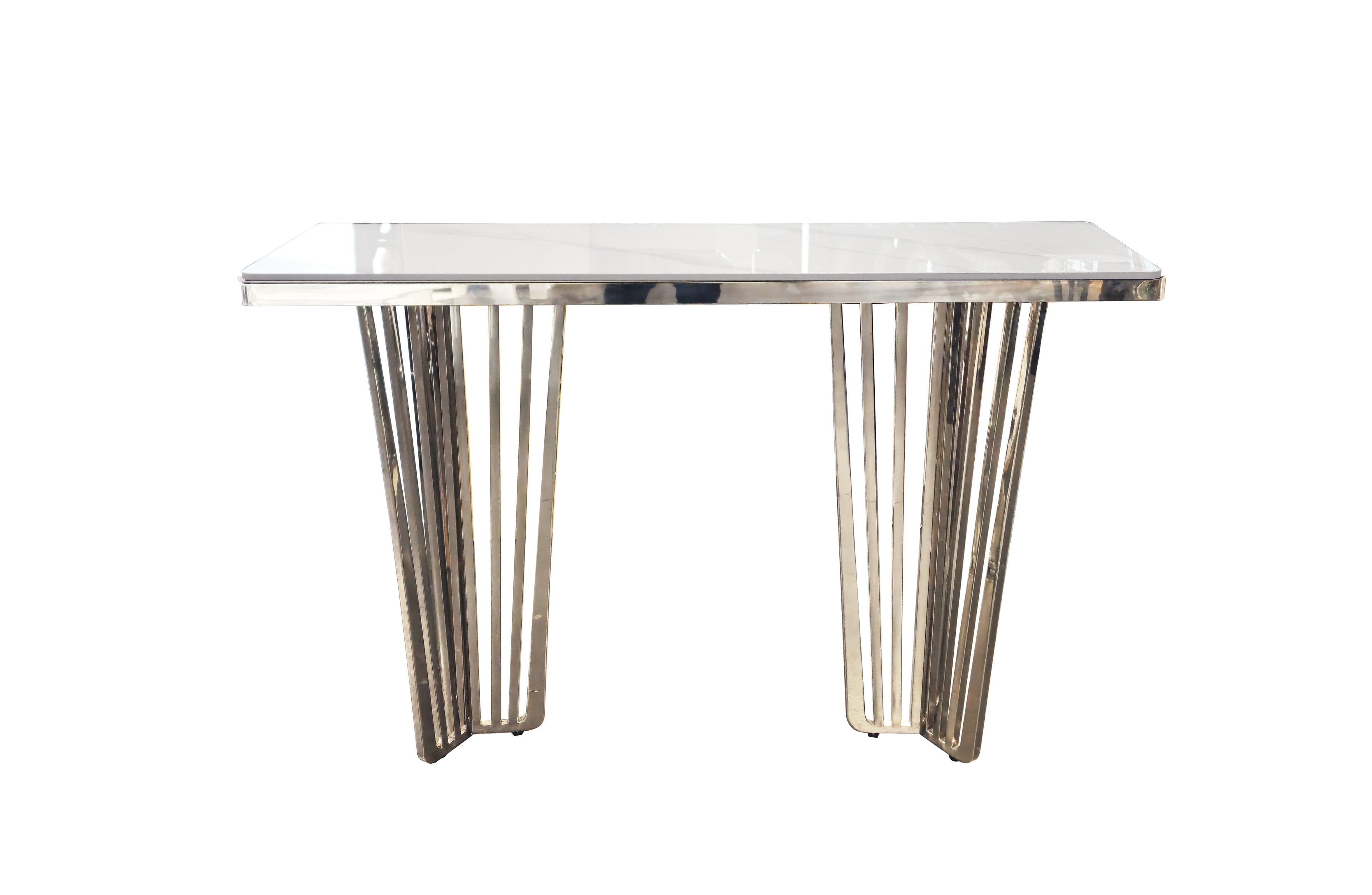 Serena console table with polished silver frame and white marble top.