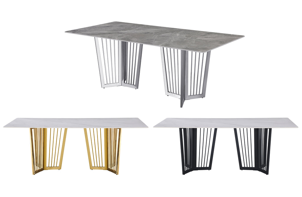 Serena Dining Table collection with gold, silver, and black frames in marble top options.