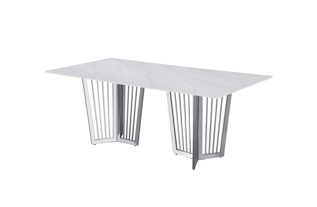 Serena Dining Table polished silver stainless frame with luxurious white marble top centerpiece.