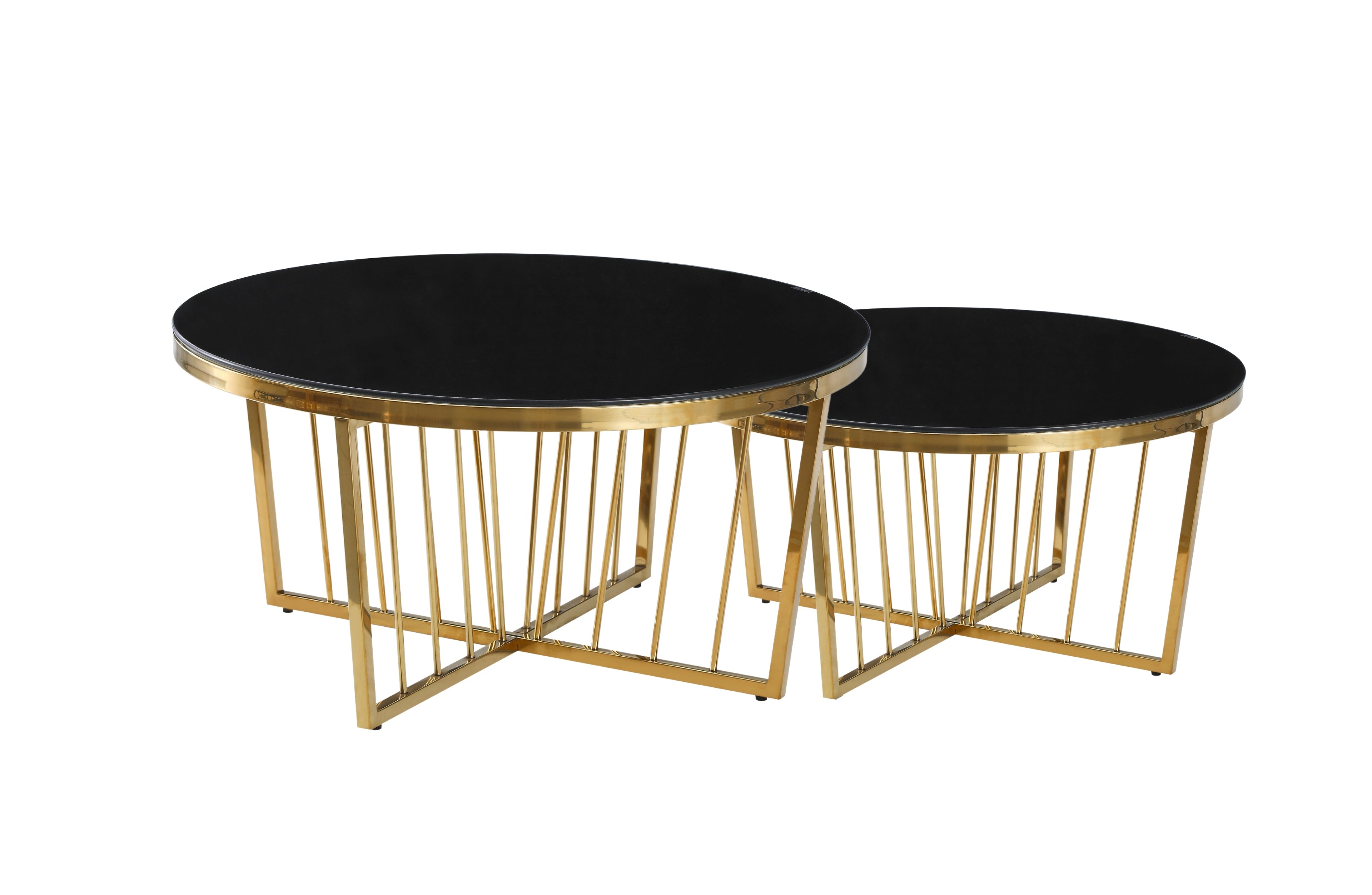 Serena coffee table with gold polished frame and black glass top, luxury modern statement.