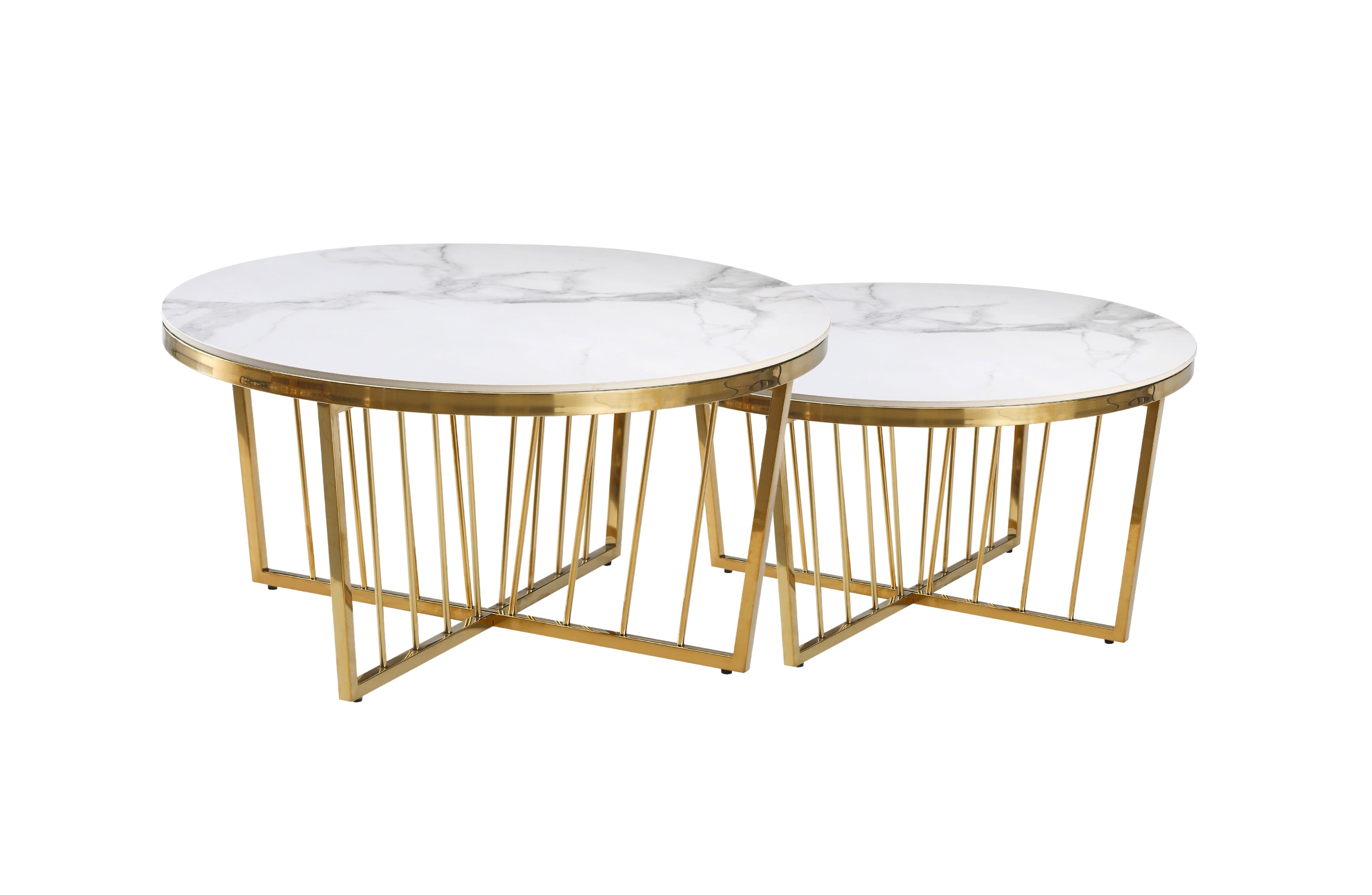 Serena coffee table in gold polished frame with elegant white marble top, timeless luxury.