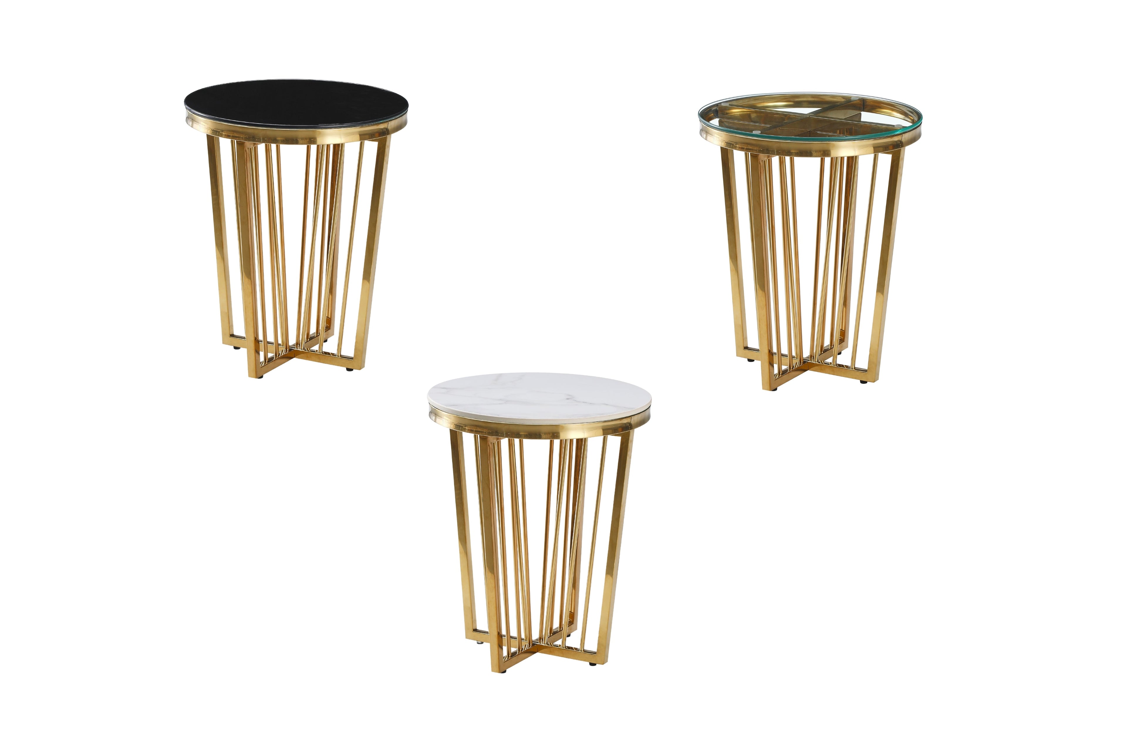 Serena gold frame side tables shown in black glass, clear glass, and marble tops.