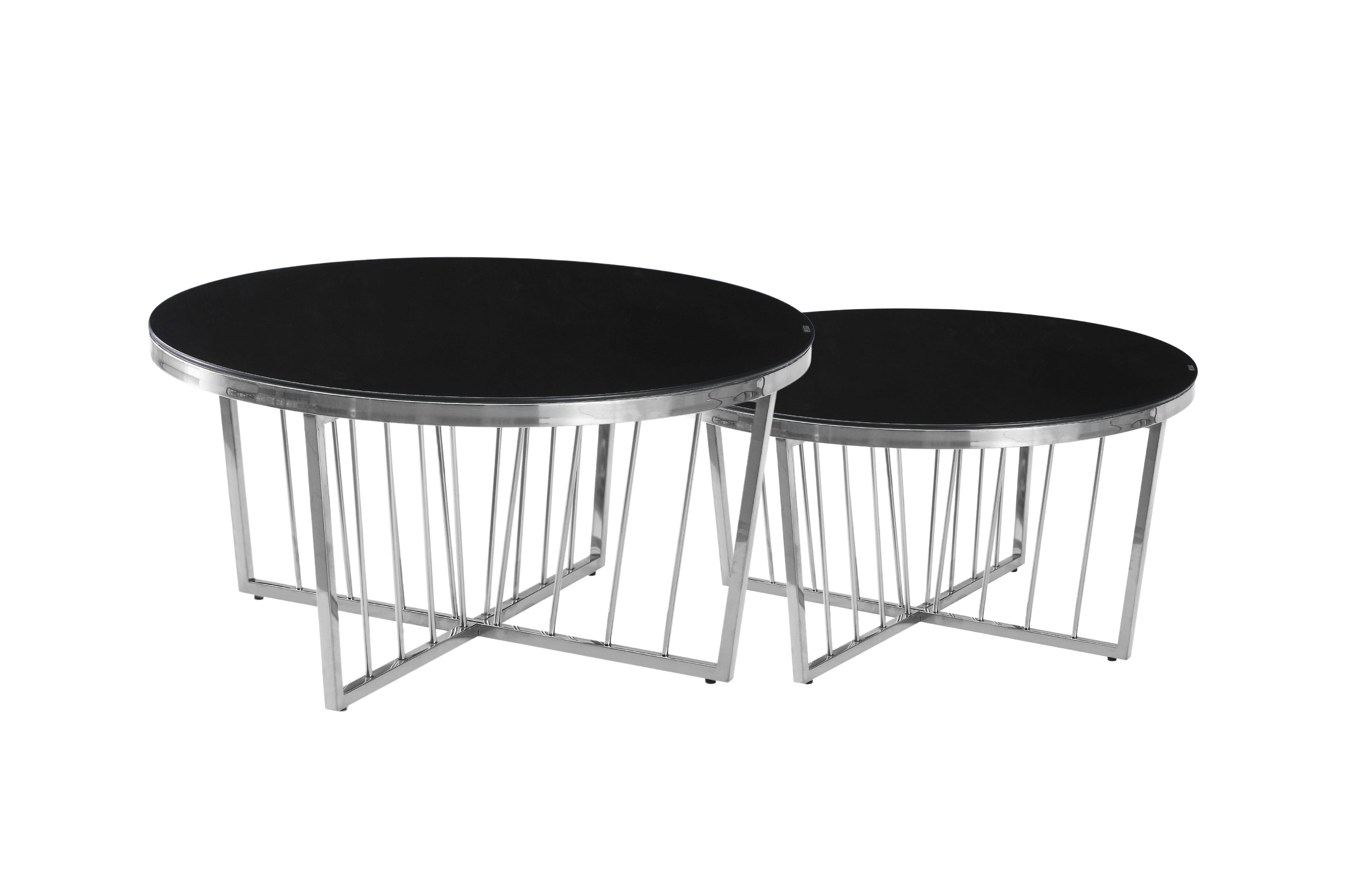 Serena coffee table in polished silver frame with black tempered glass top, bold stylish design.