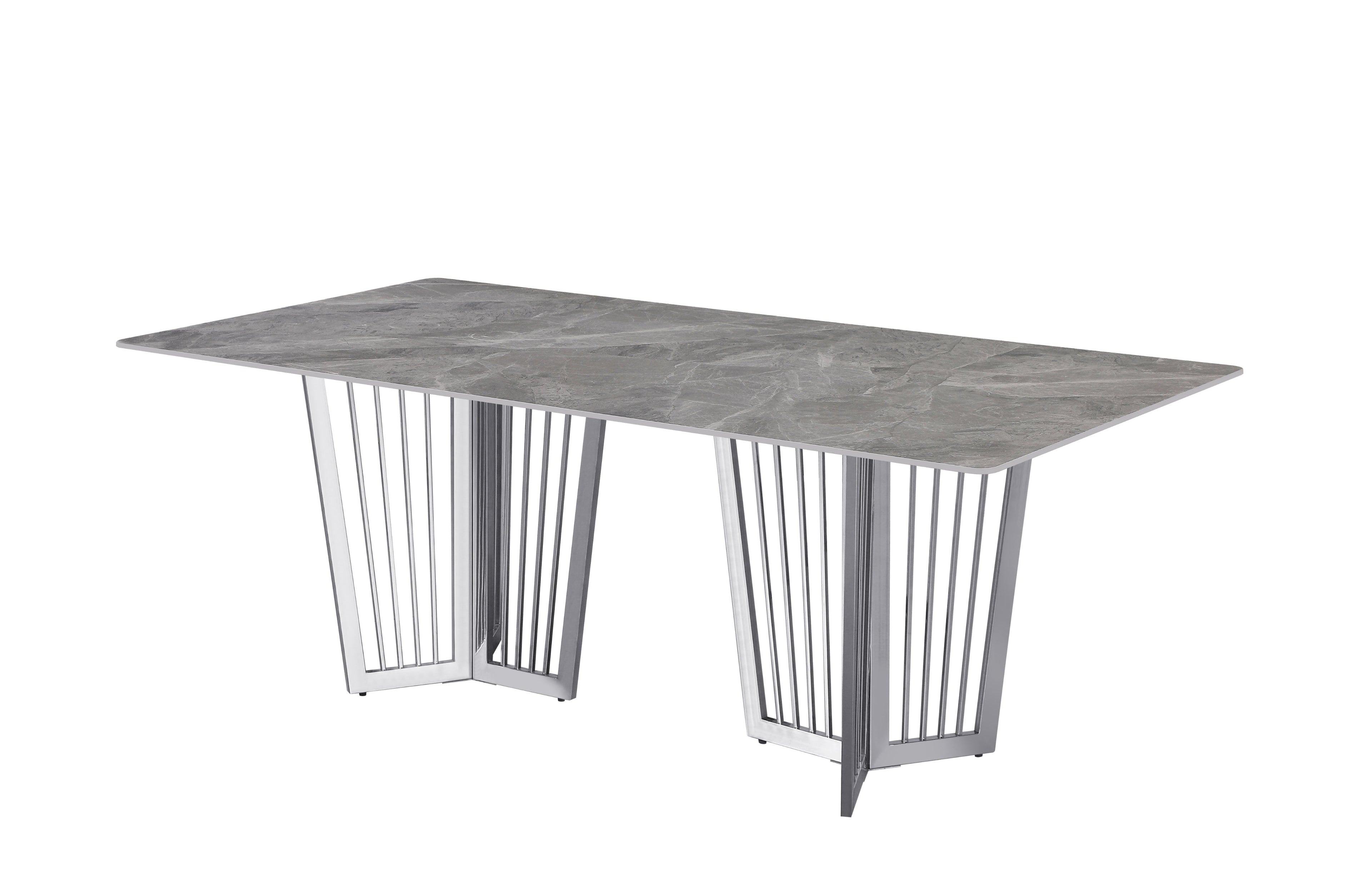 Serena Dining Table silver stainless frame paired with elegant grey marble stone top.