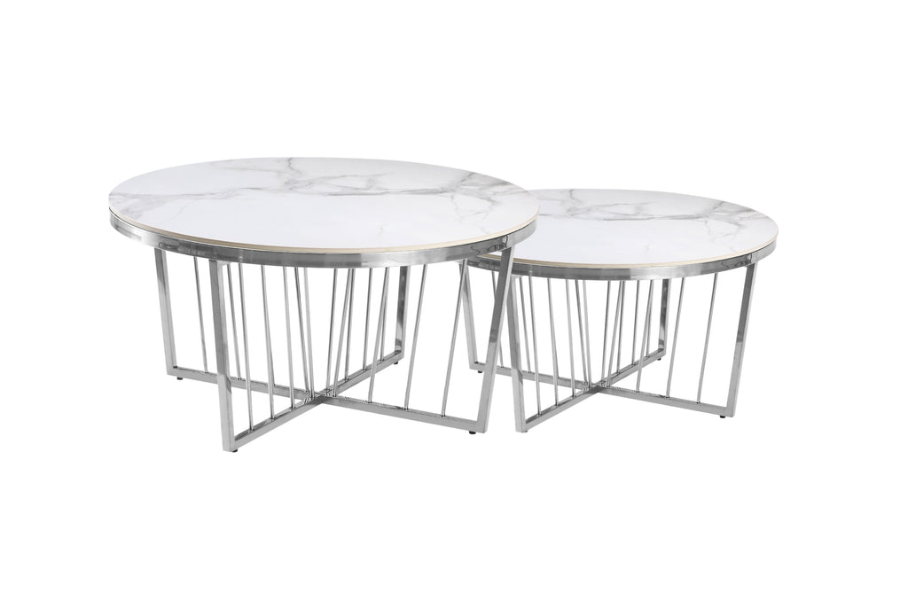Serena coffee table in silver polished frame with white marble sintered stone top, luxurious accent.