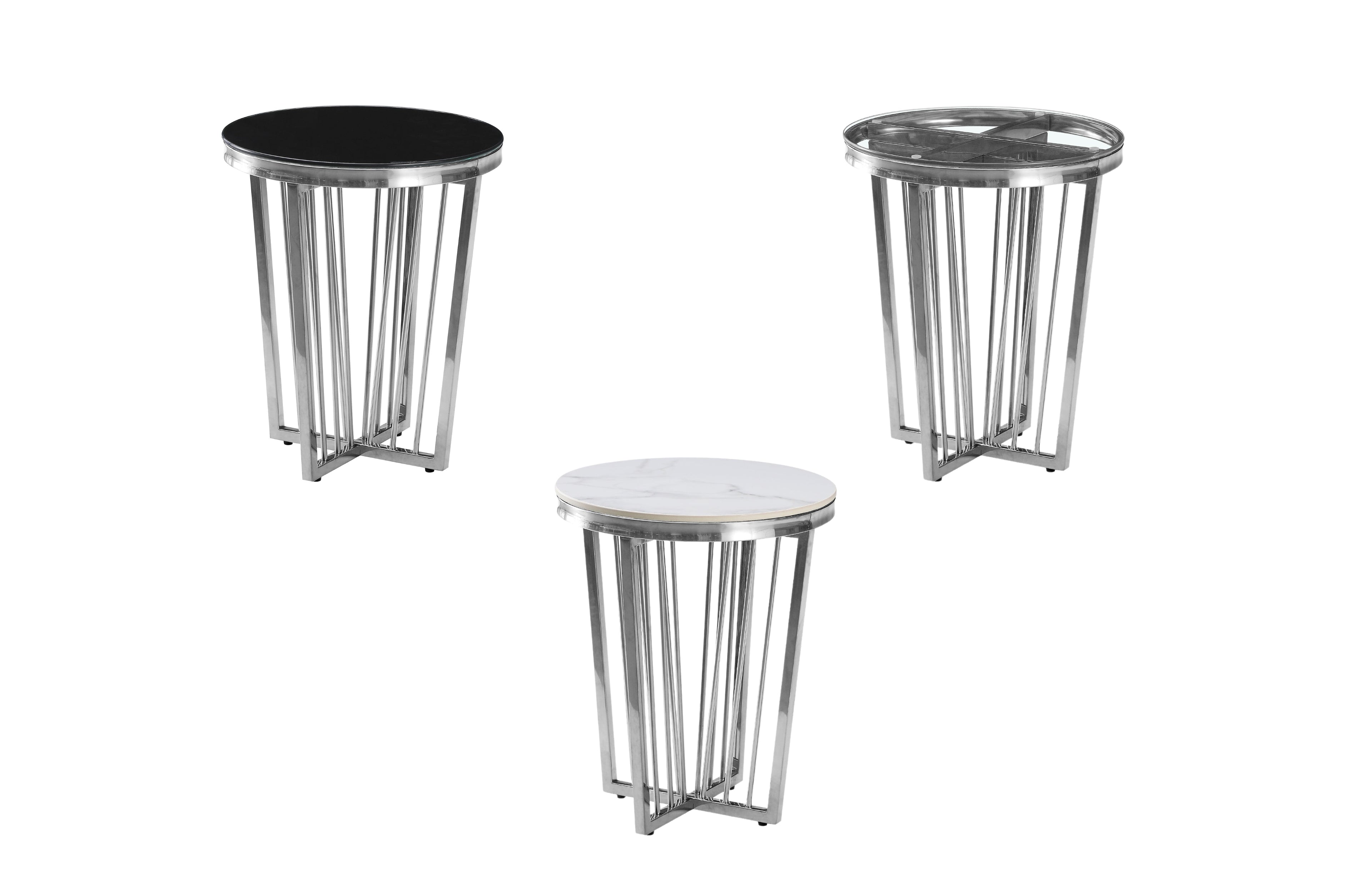 Serena silver frame side tables with black glass, clear glass, and white marble tops.