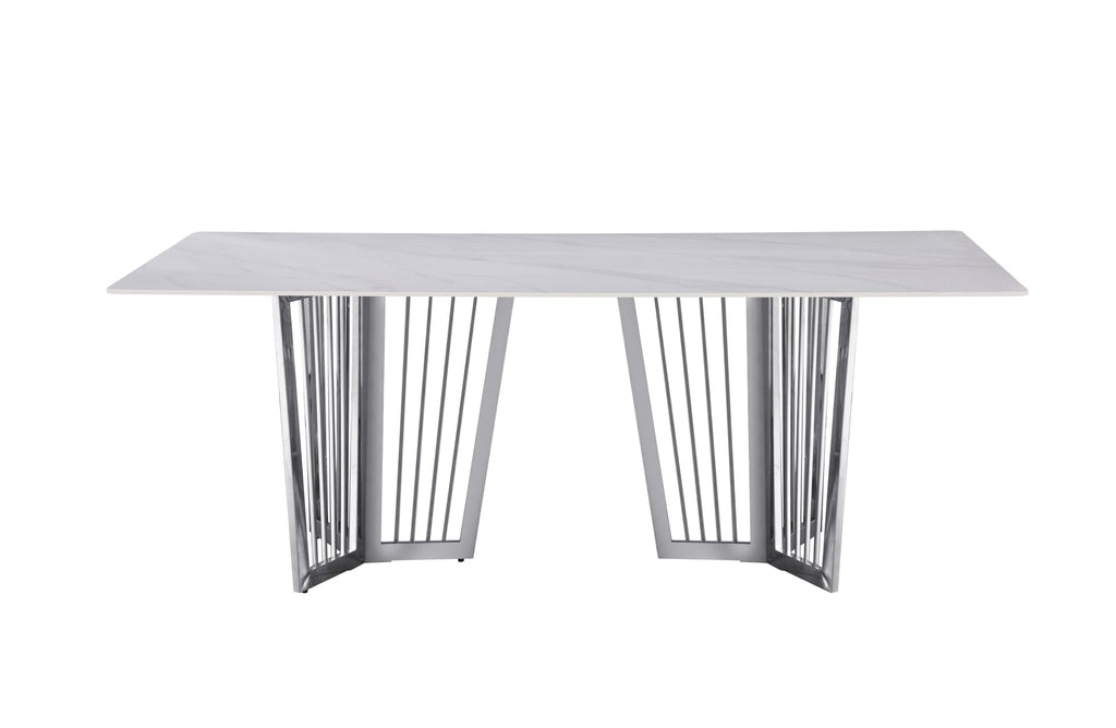 Serena Dining Table with polished silver stainless frame and elegant white marble stone top.