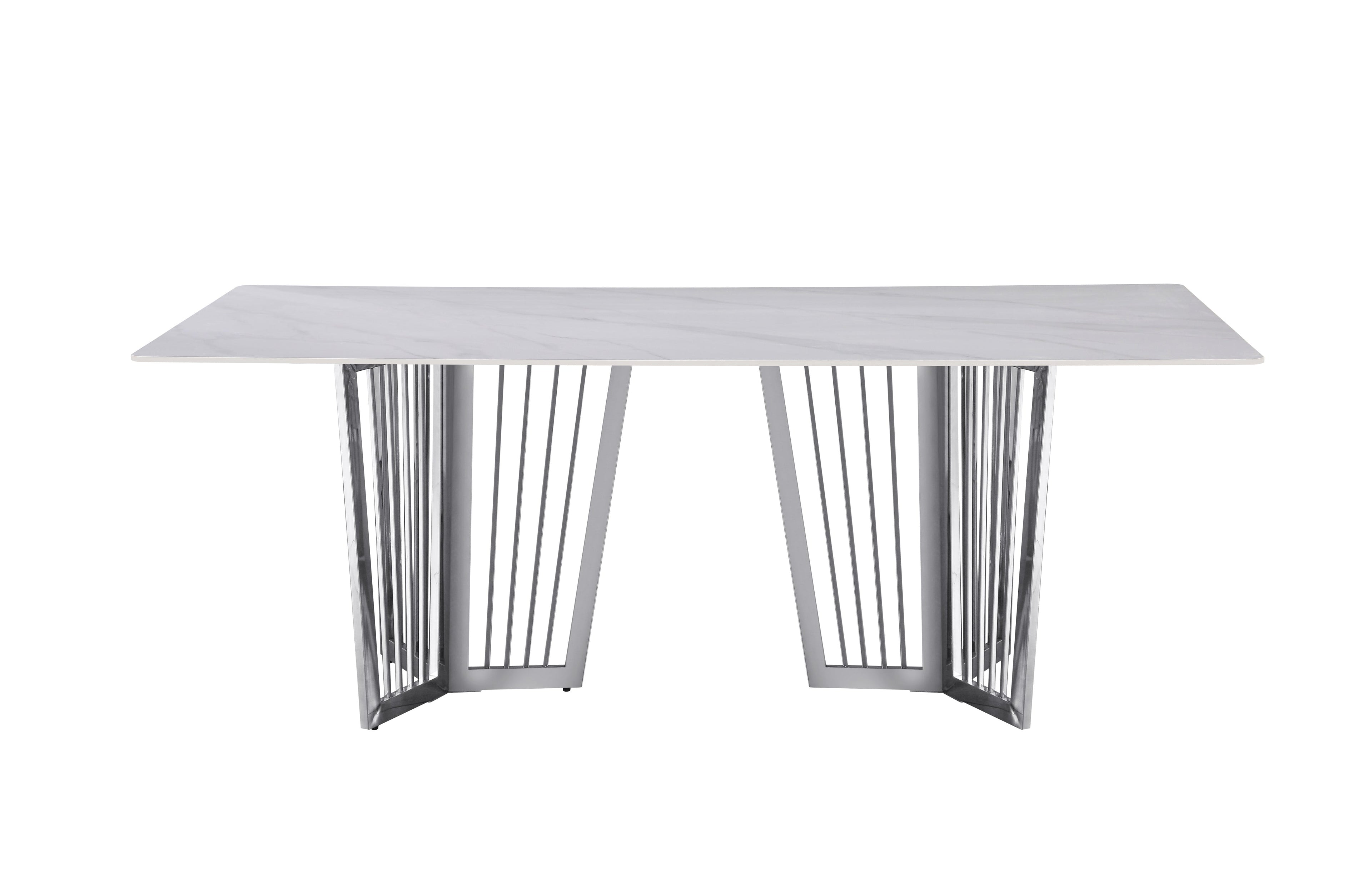 Serena Dining Table with polished silver stainless frame and elegant white marble stone top.
