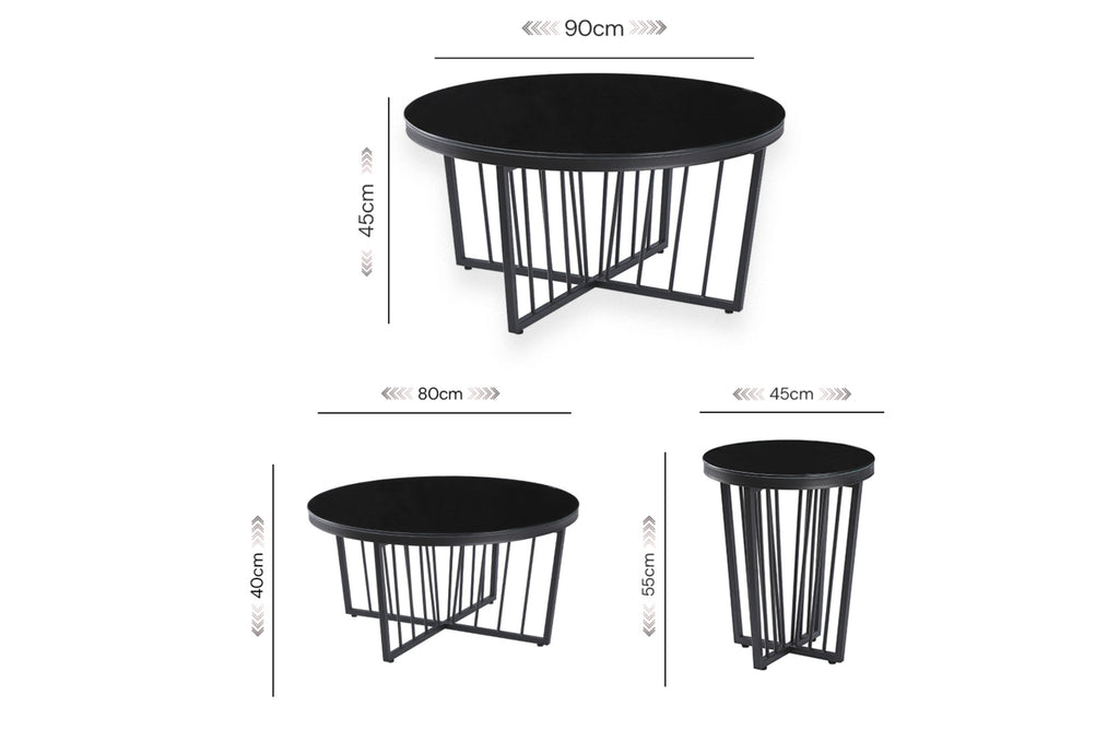 Serena coffee and side table dimension guide showing large, medium, and side table sizes with glass top.