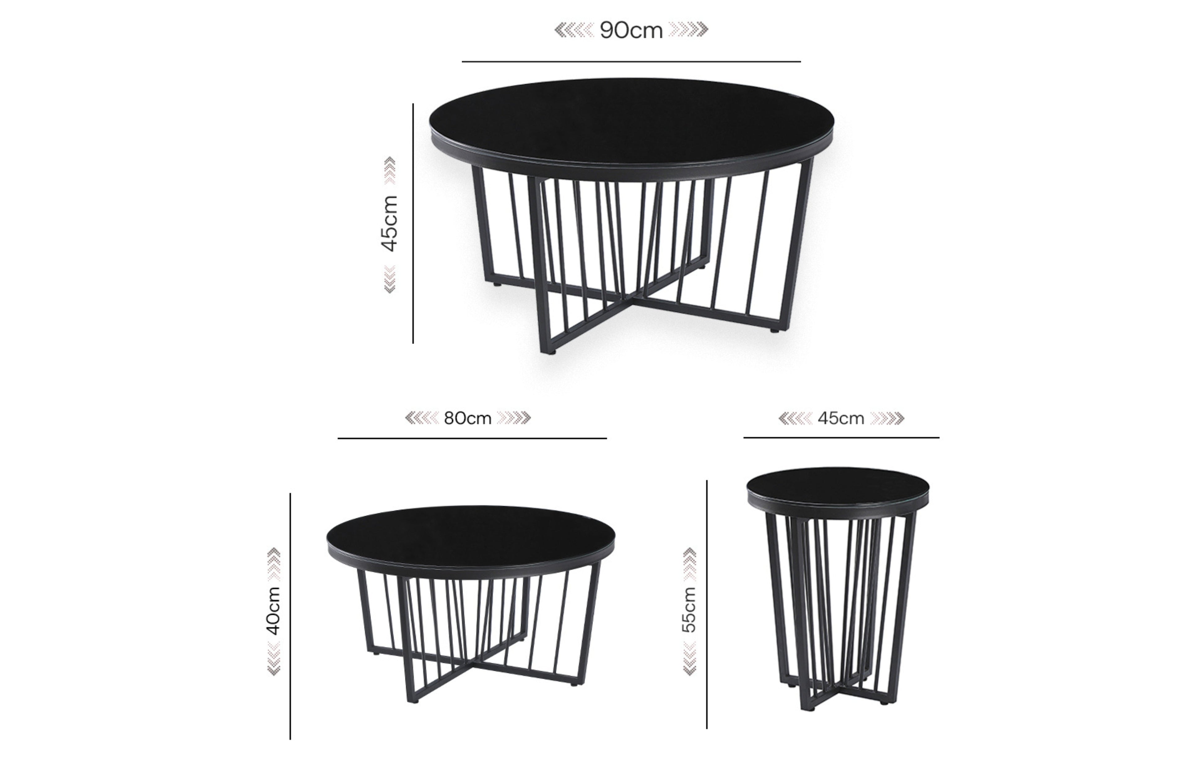 Serena coffee and side table dimension guide showing large, medium, and side table sizes with glass top.