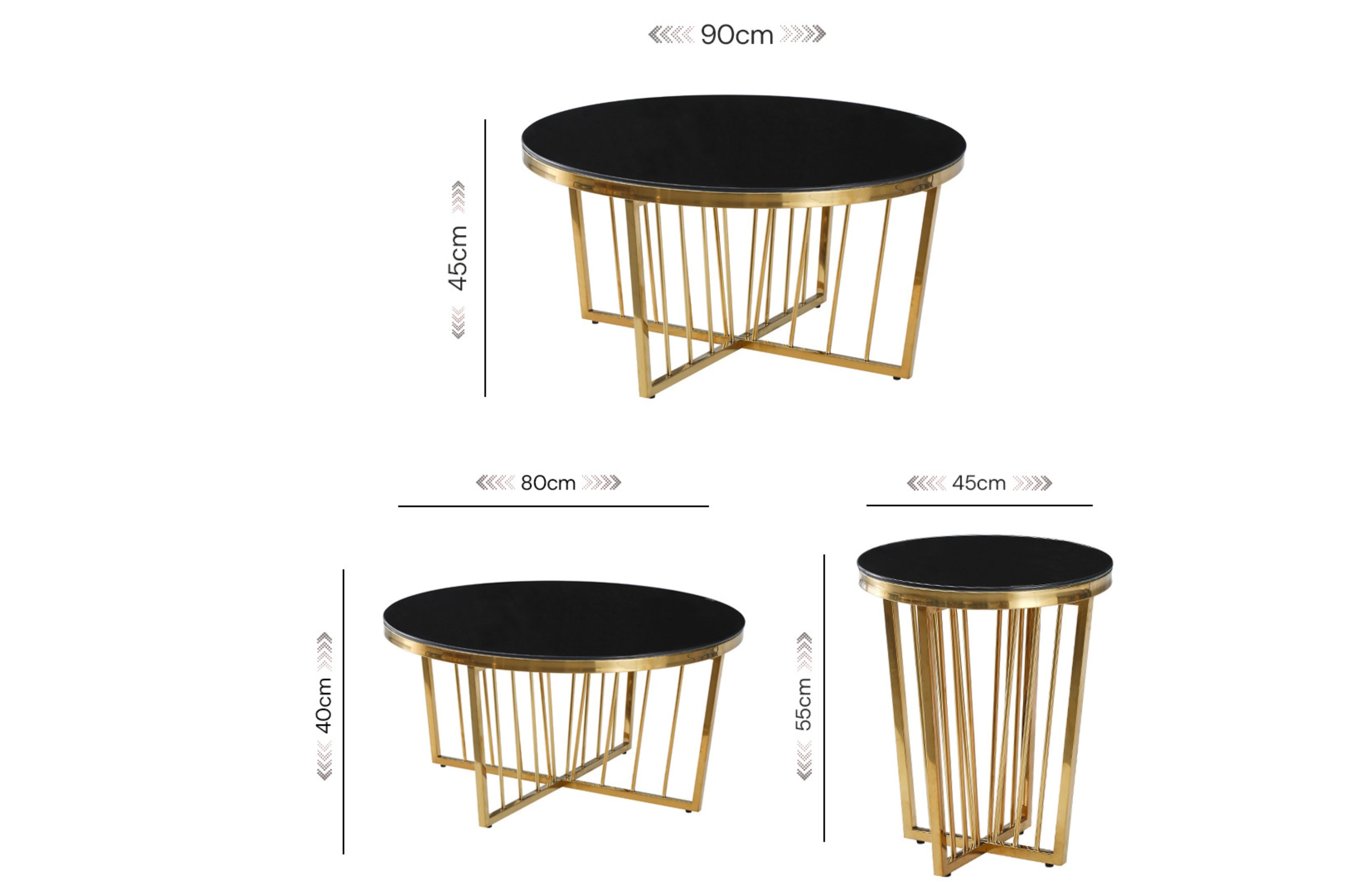 Serena coffee and side table dimension guide showing large, medium, and side table sizes with glass top.