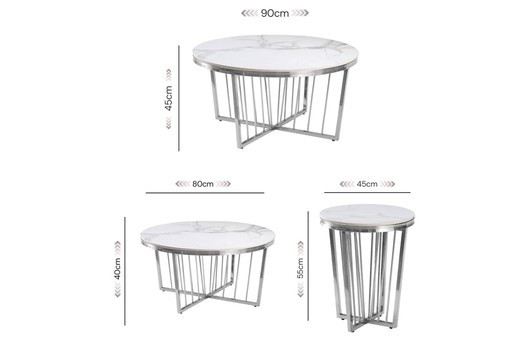 Serena coffee and side table dimension guide showing large, medium, and side table sizes with glass top.