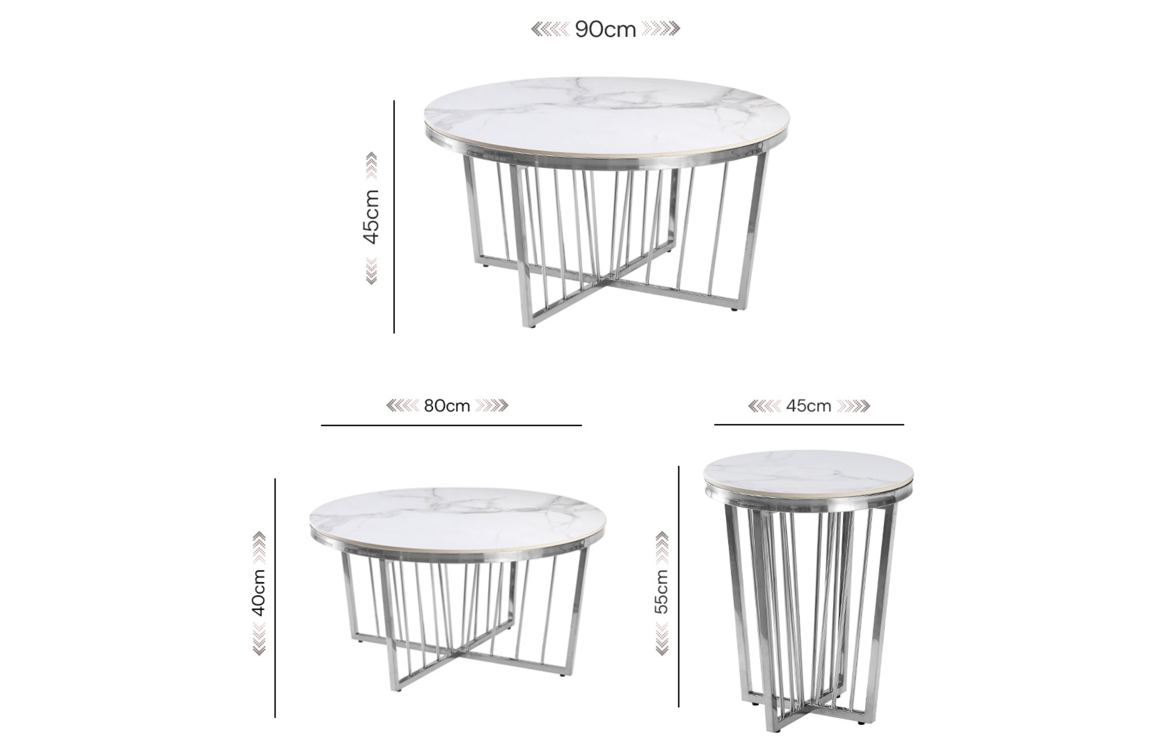 Serena coffee and side table dimension guide showing large, medium, and side table sizes with glass top.