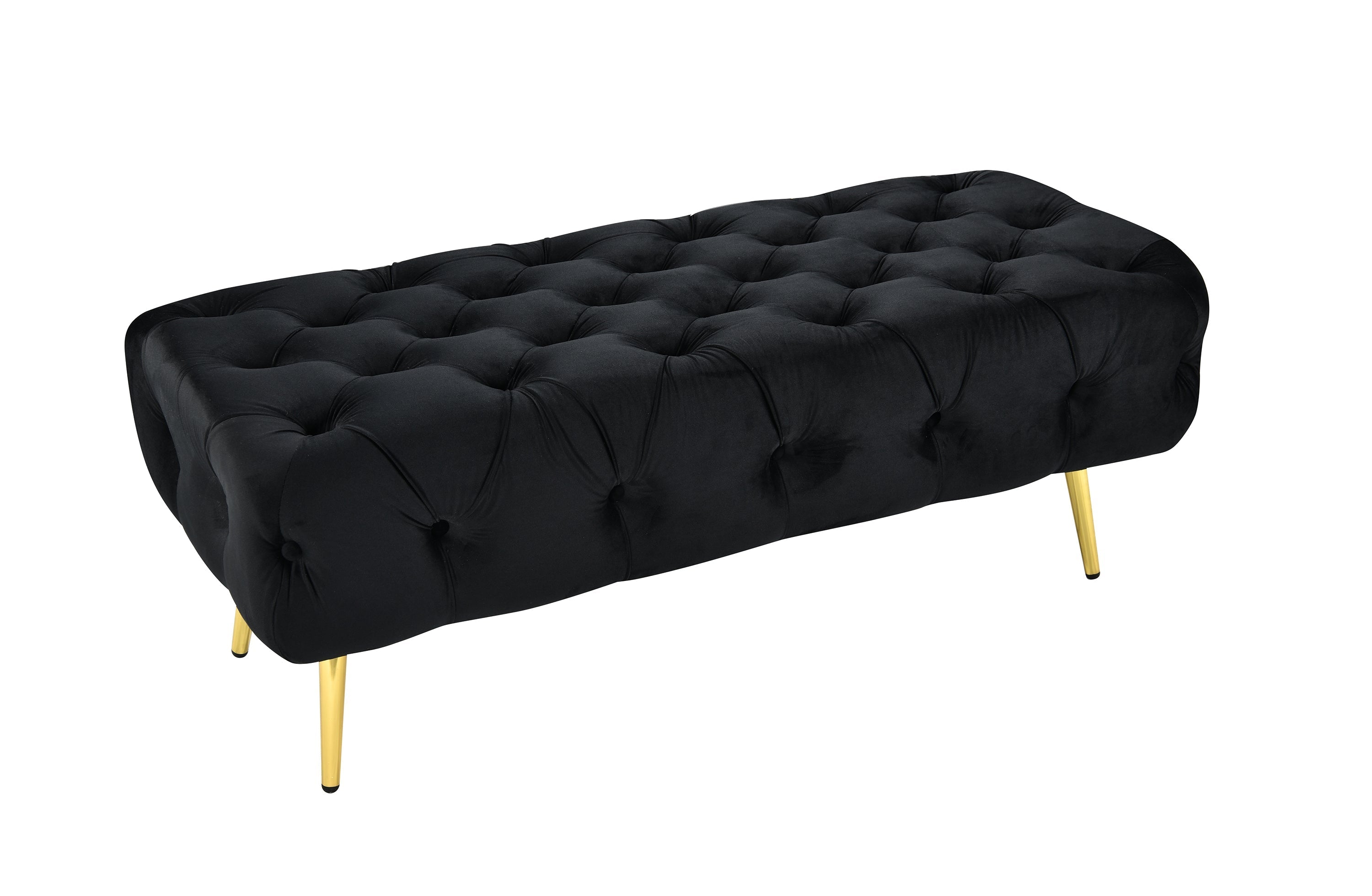 Black Shirley Ottoman with gold frame and tufted velvet seat, modern and elegant design.