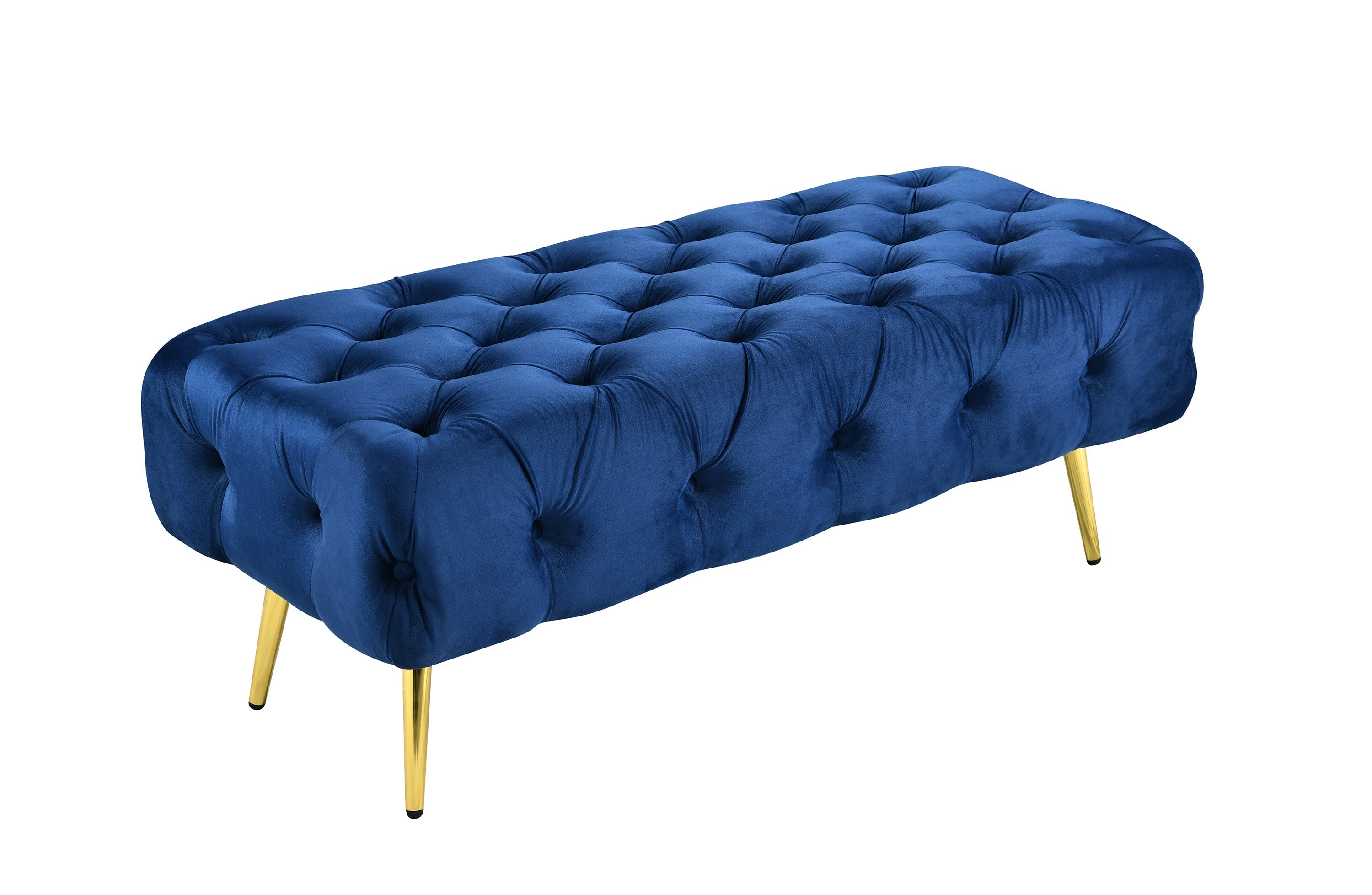 Blue Shirley Ottoman with polished gold frame and button-tufted velvet seat for chic interiors.