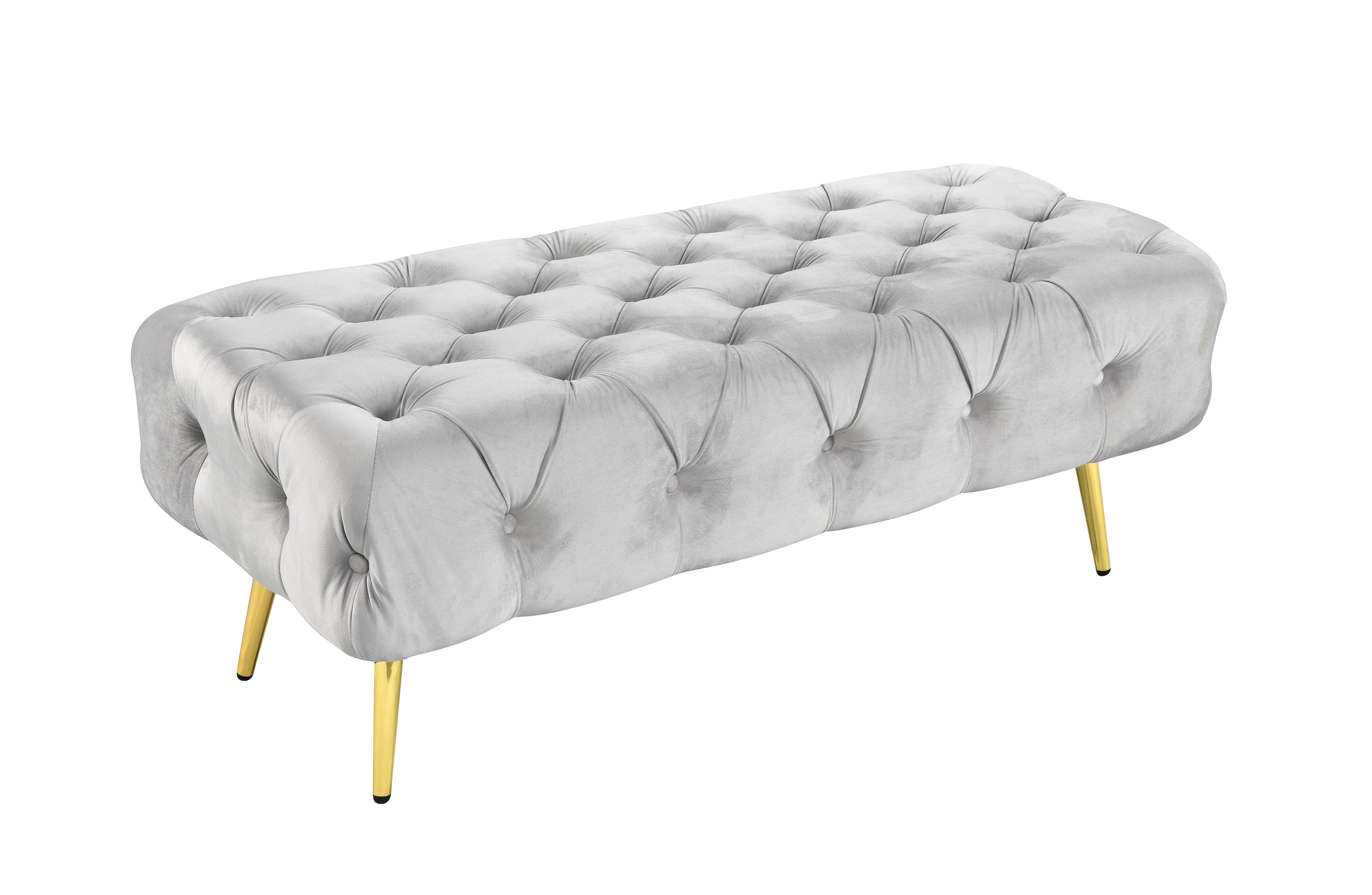 Light Grey Shirley Ottoman with gold legs and tufted velvet seat for timeless sophistication.