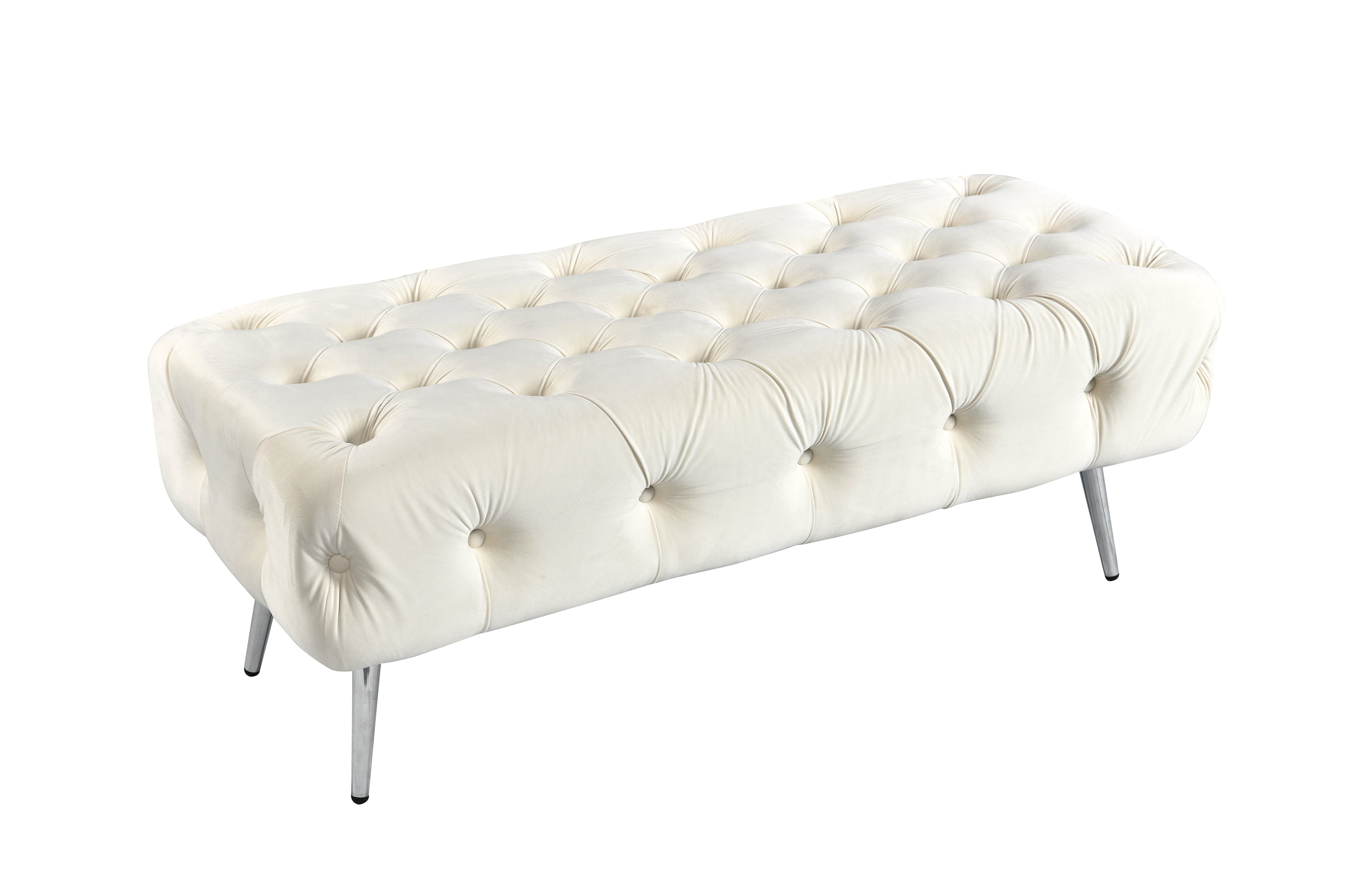 Beige Shirley Ottoman with silver frame and tufted velvet seat for modern elegance