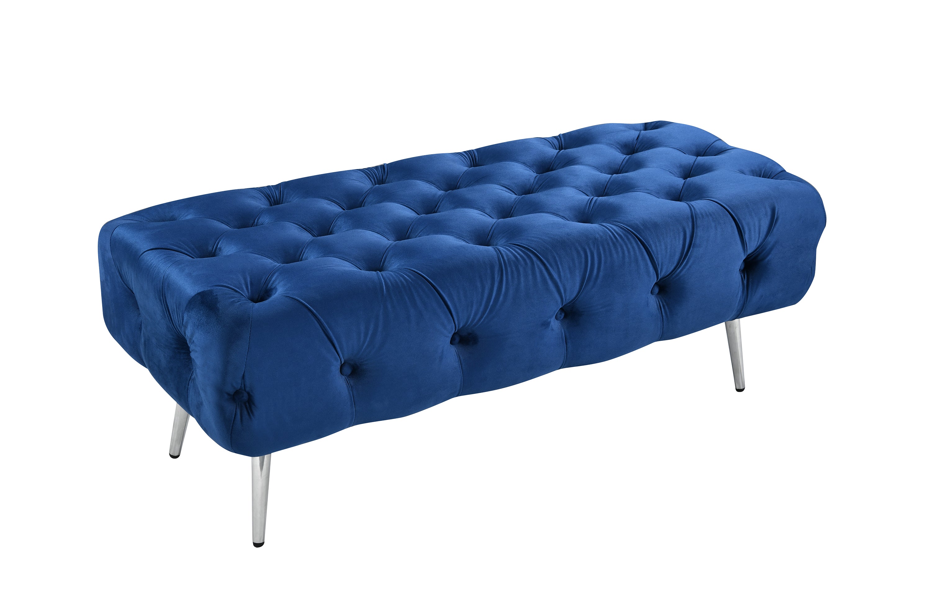 Blue Shirley Ottoman with silver frame and button-tufted velvet seating for luxury interiors