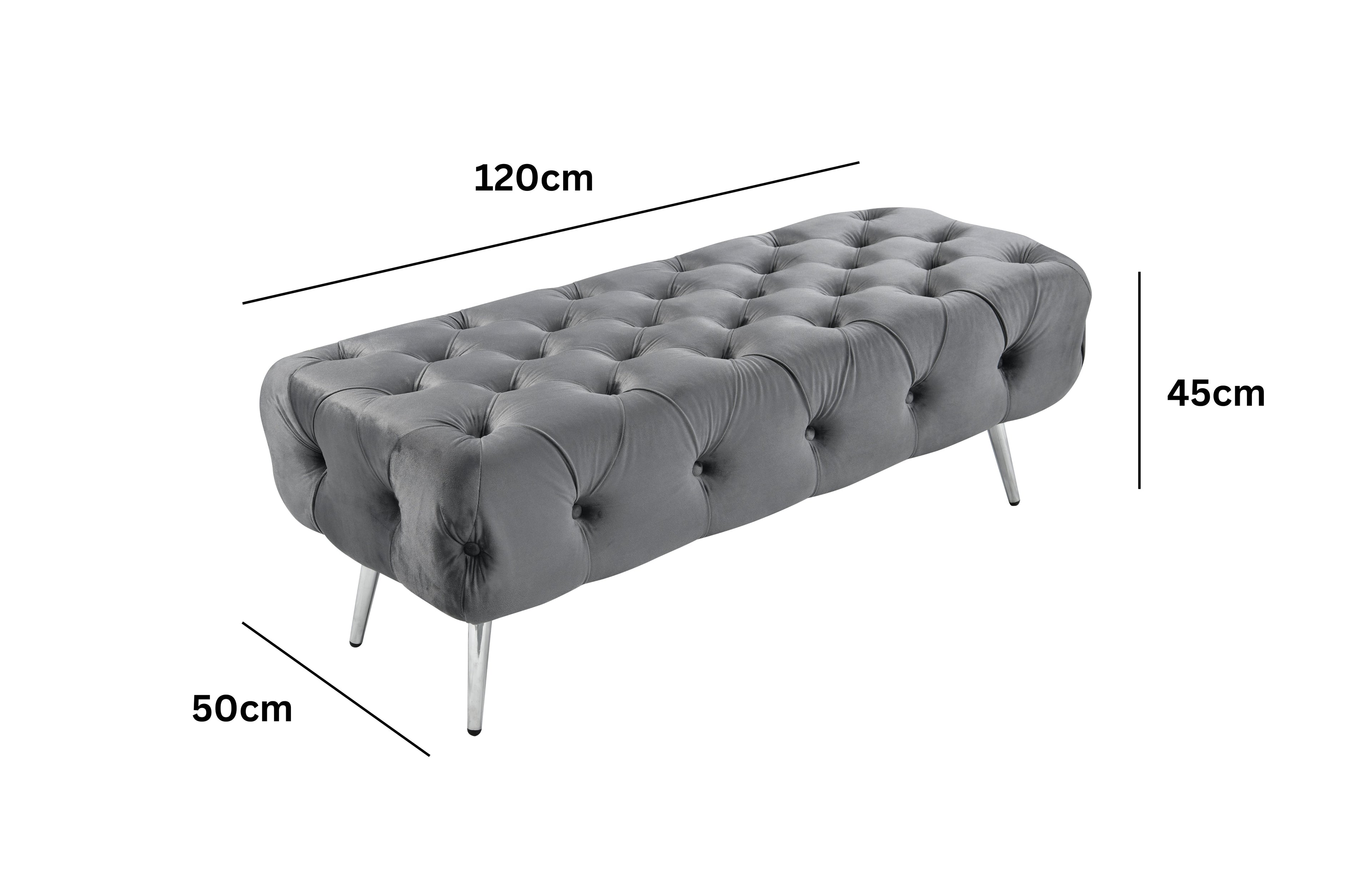 Dark Grey Shirley Ottoman with silver frame shown with dimensions 120cm x 50cm x 45cm
