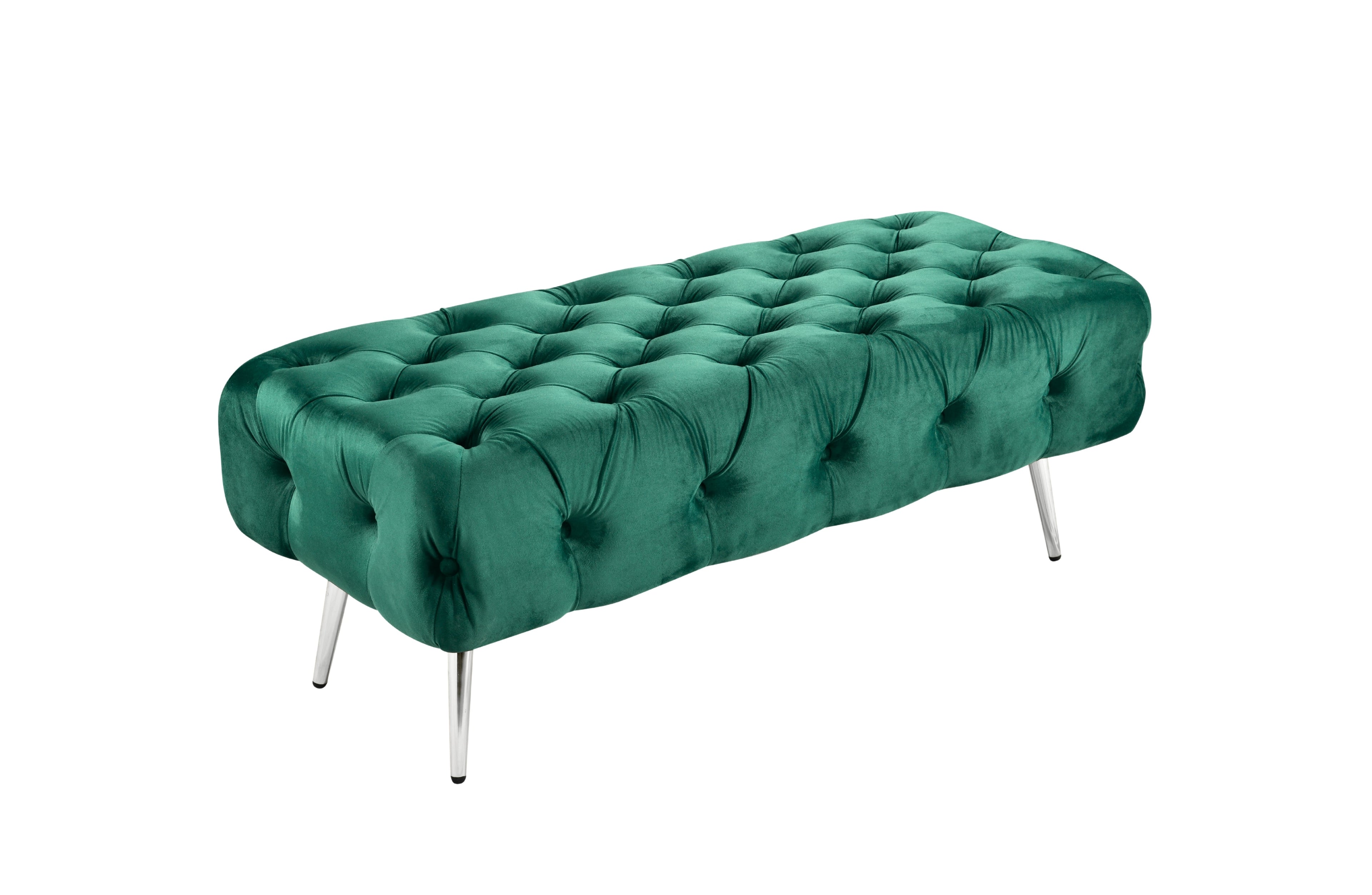 Green Shirley Ottoman with silver polished legs and tufted velvet finish for elegant décor