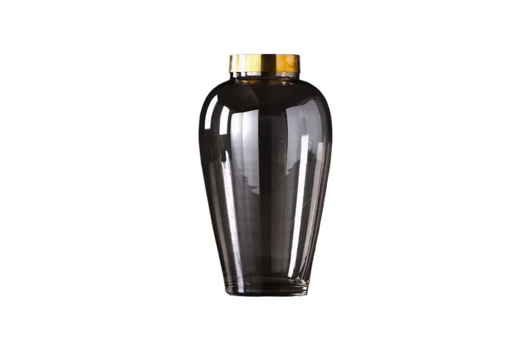 Tall smoked glass vase with a gold tip, ideal as a modern statement piece.