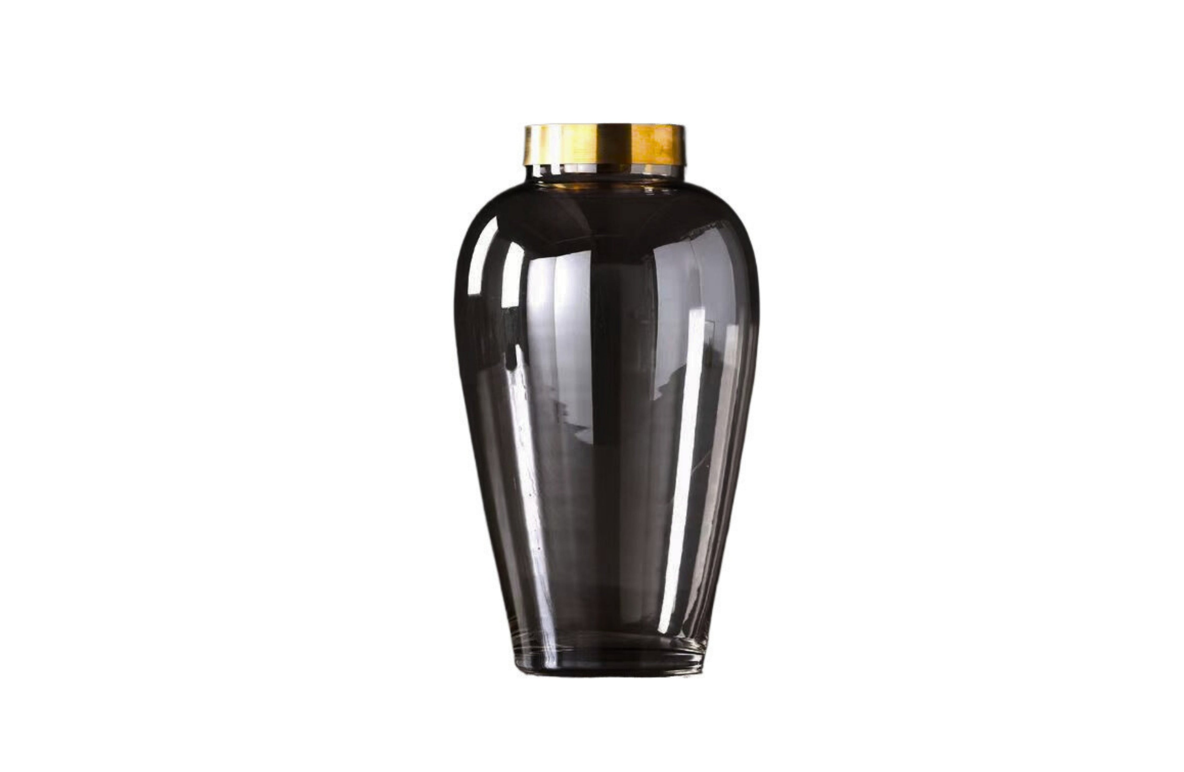 Tall smoked glass vase with a gold tip, ideal as a modern statement piece.