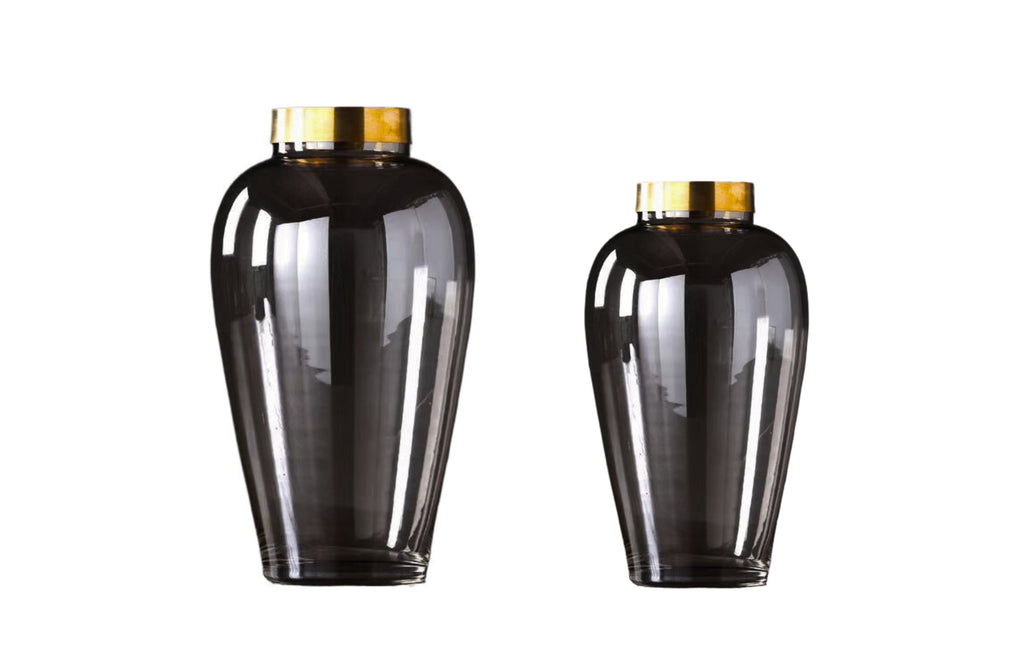 Elegant smoked glass vases with gold tips in large and small sizes, perfect for modern home décor.