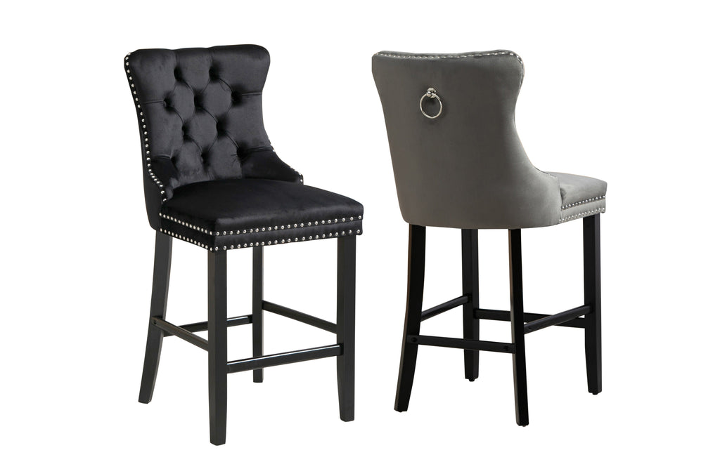 Elegant Sorrento black grey velvet bar stools with tufted backrest and studded trim