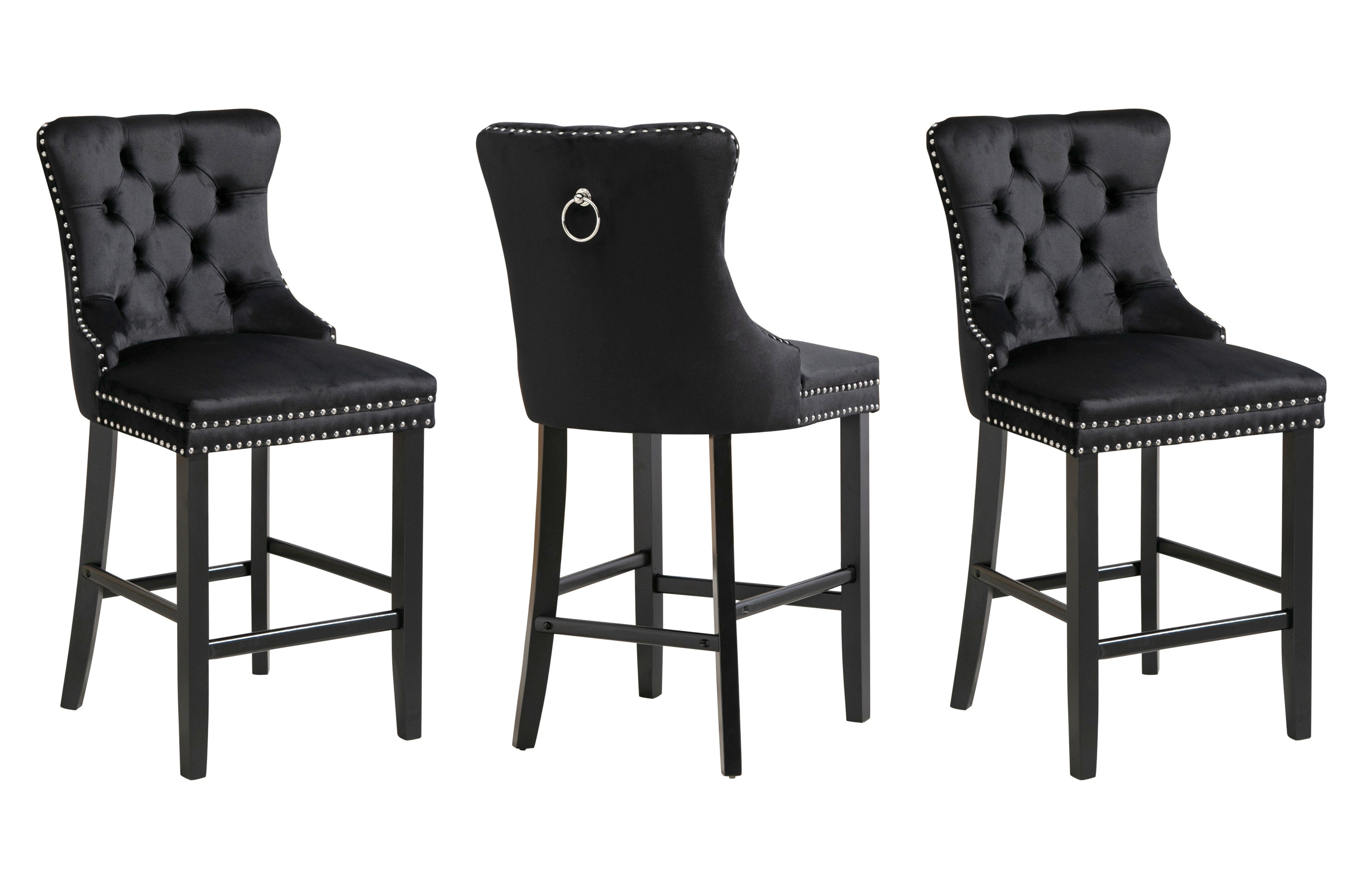 Set of three black Sorrento bar stools with tufted seats and decorative studs