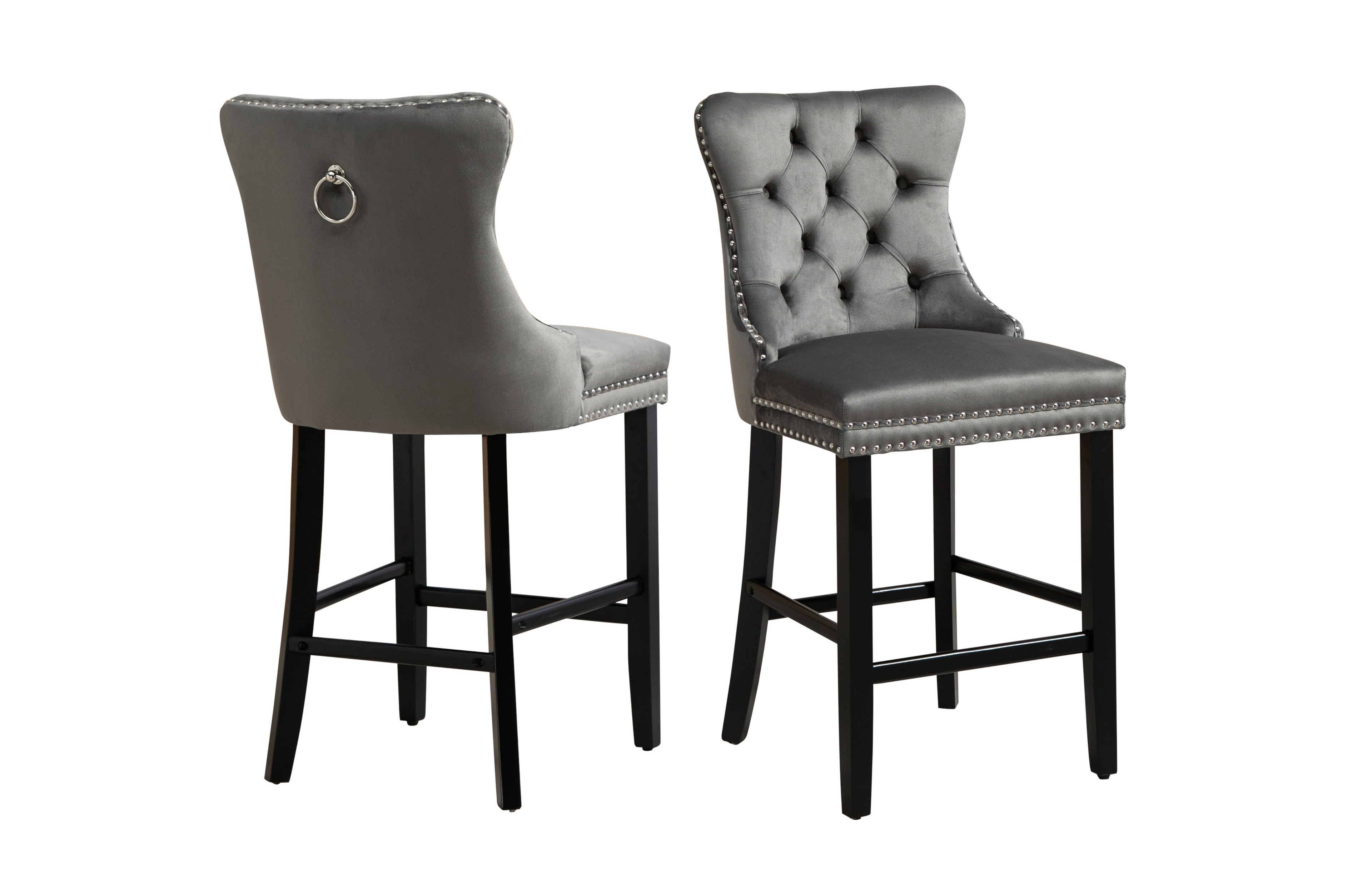 Pair of grey velvet Sorrento bar stools with silver stud trim and high back