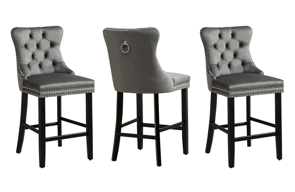 Three grey velvet Sorrento bar stools with ergonomic back and footrest