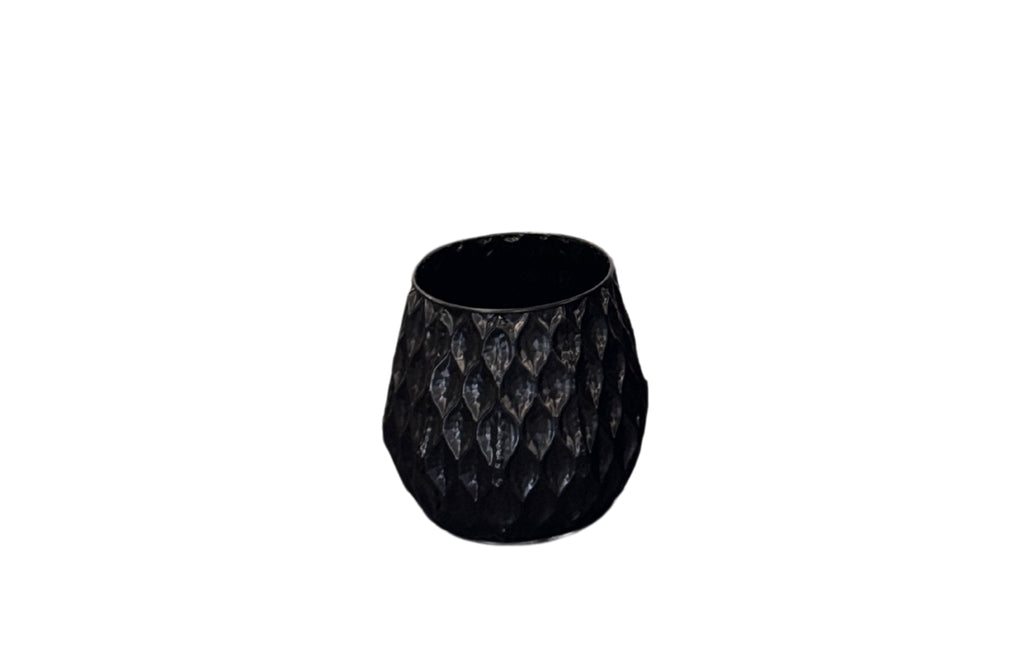  Small Teagon Planter in shiny black with textured diamond pattern.