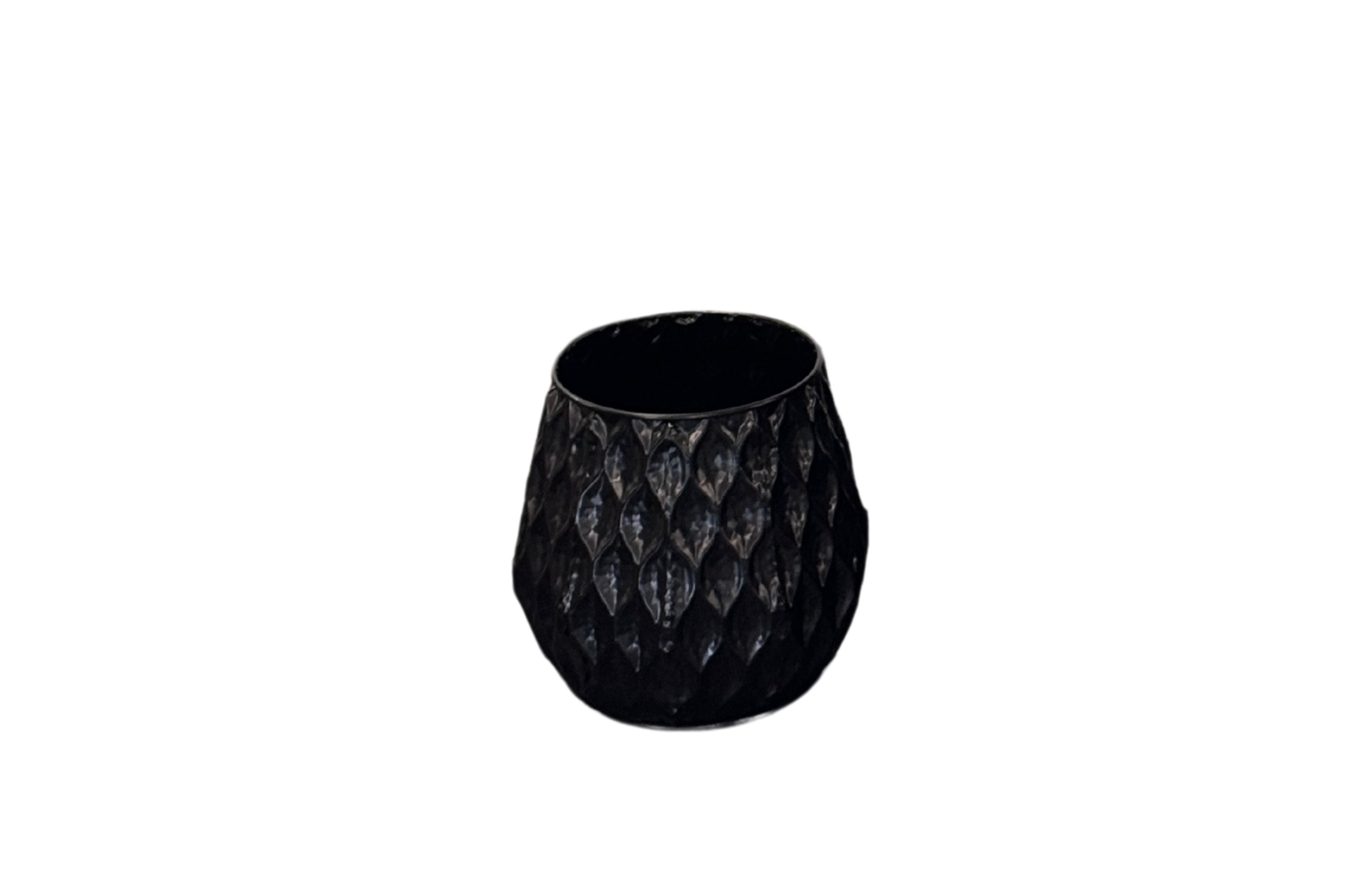  Small Teagon Planter in shiny black with textured diamond pattern.