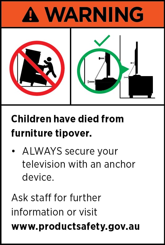 Furniture safety warning label advising to secure TV units to prevent tipover