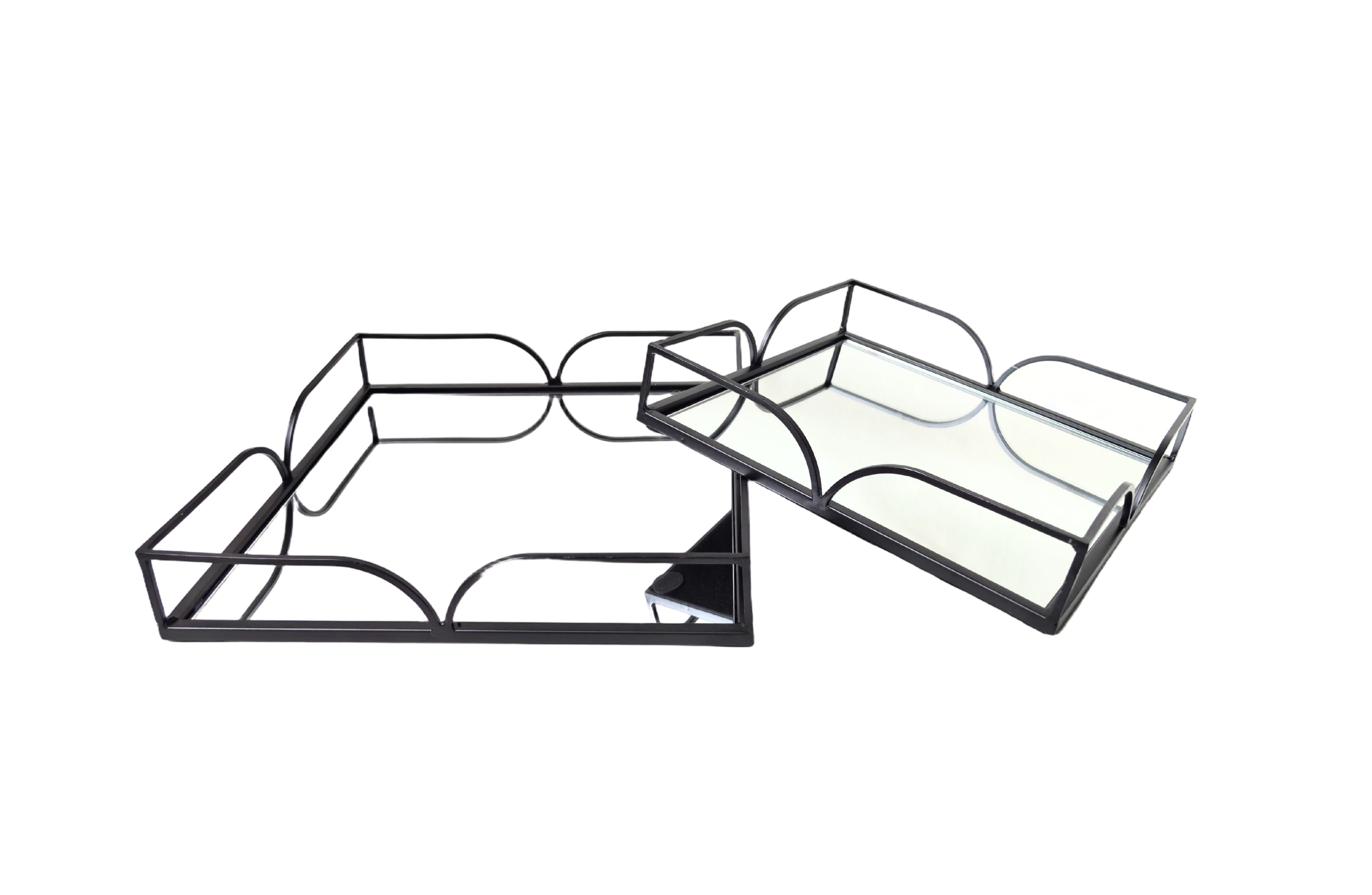 Sleek black Willow square tray set with mirrored base, adding modern sophistication to any space.