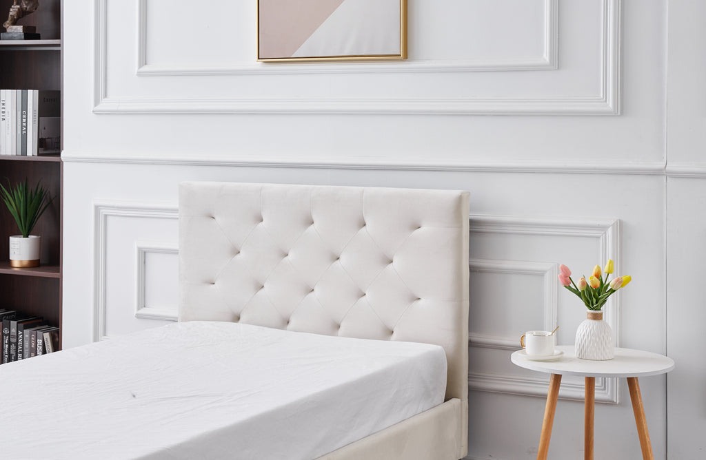 Close-up of Winston Velvet Bed headboard with tufted design in light grey velvet.