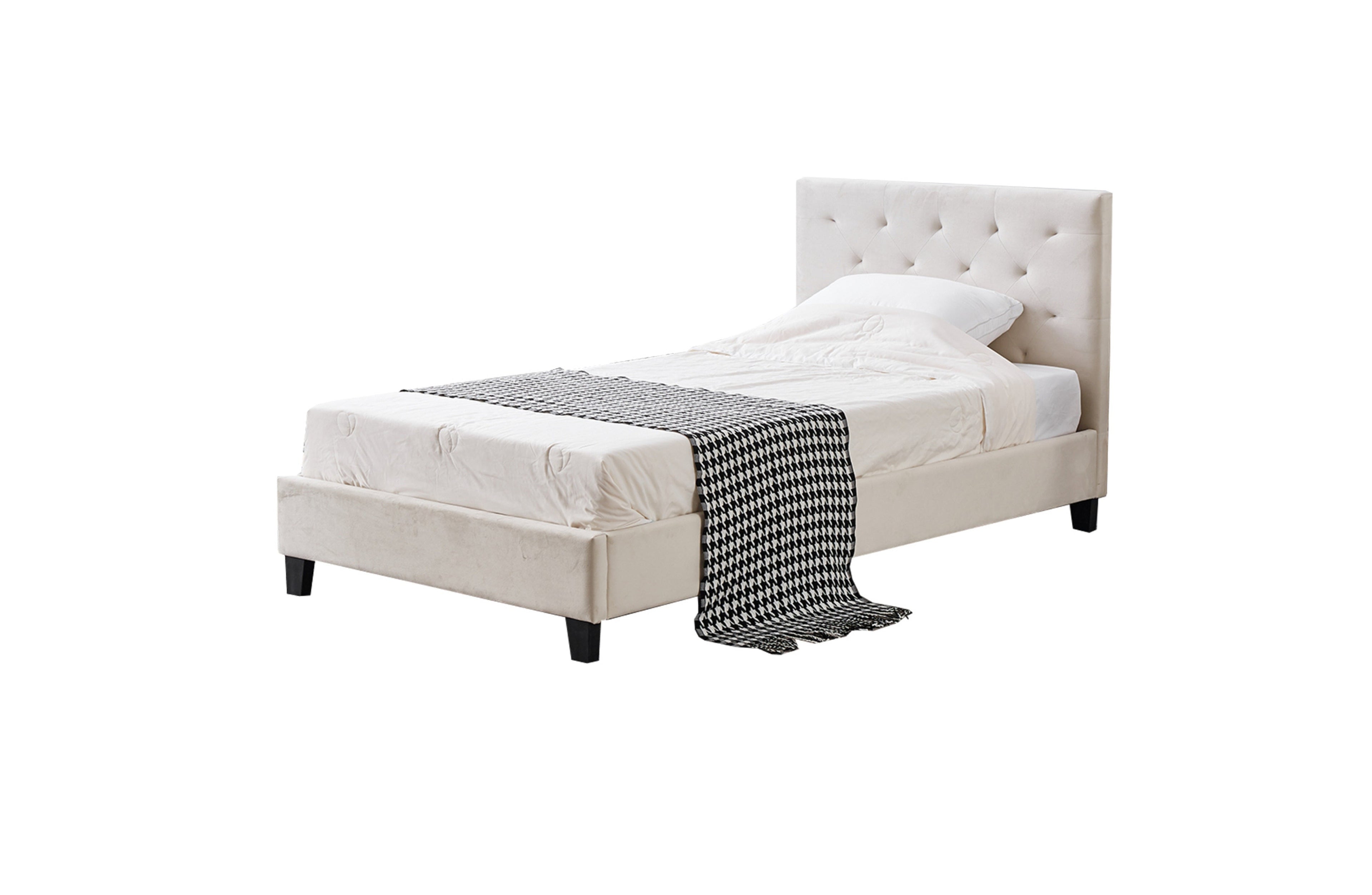 Winston Velvet Tufted Bed in beige and light grey fabric, versatile stylish bedroom choice.
