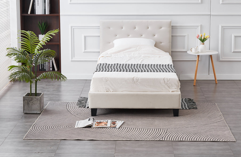 Front view of Winston Velvet Tufted Bed in light grey with tufted headboard design.